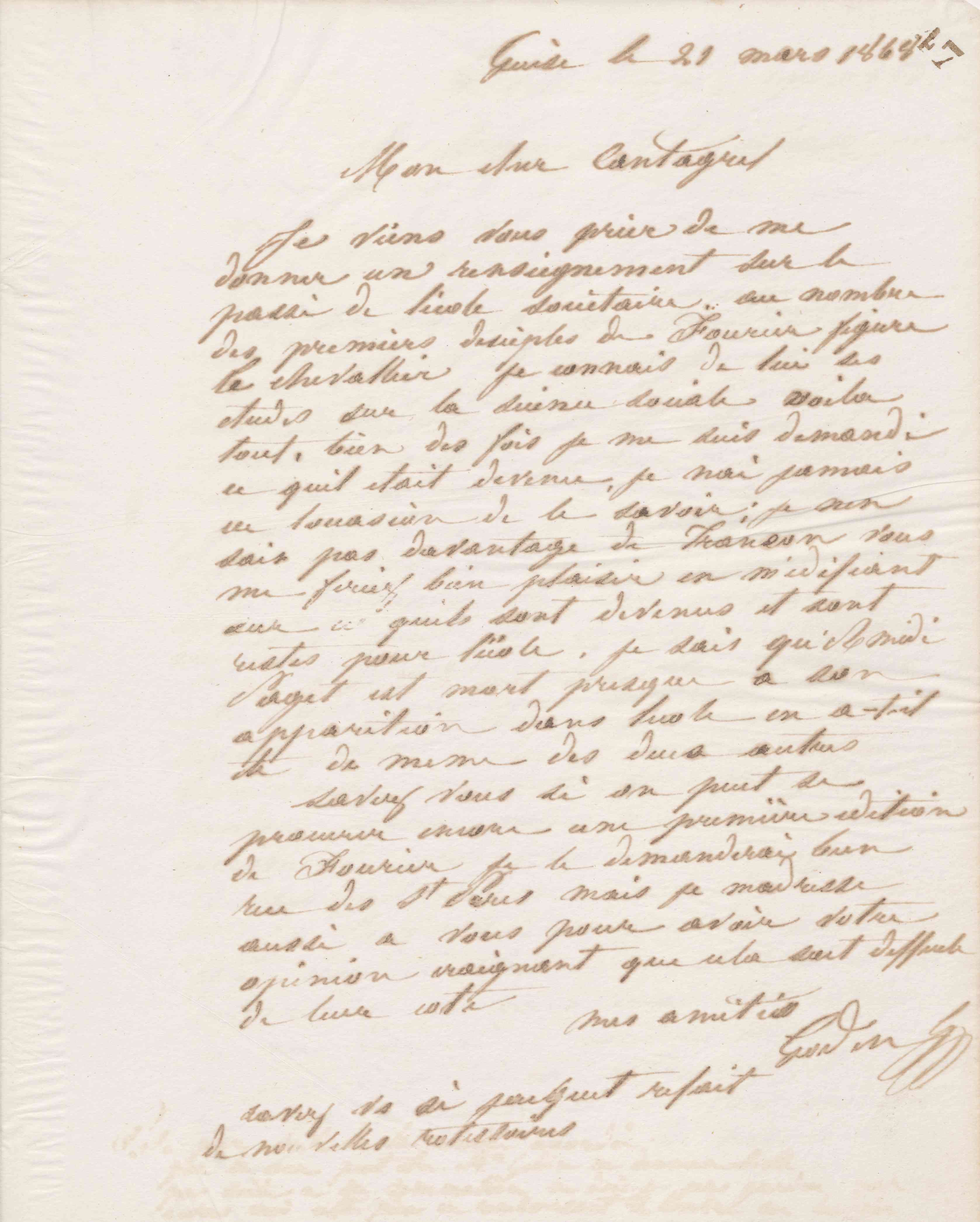 Jean-Baptiste André Godin à François Cantagrel, 21 mars 1868