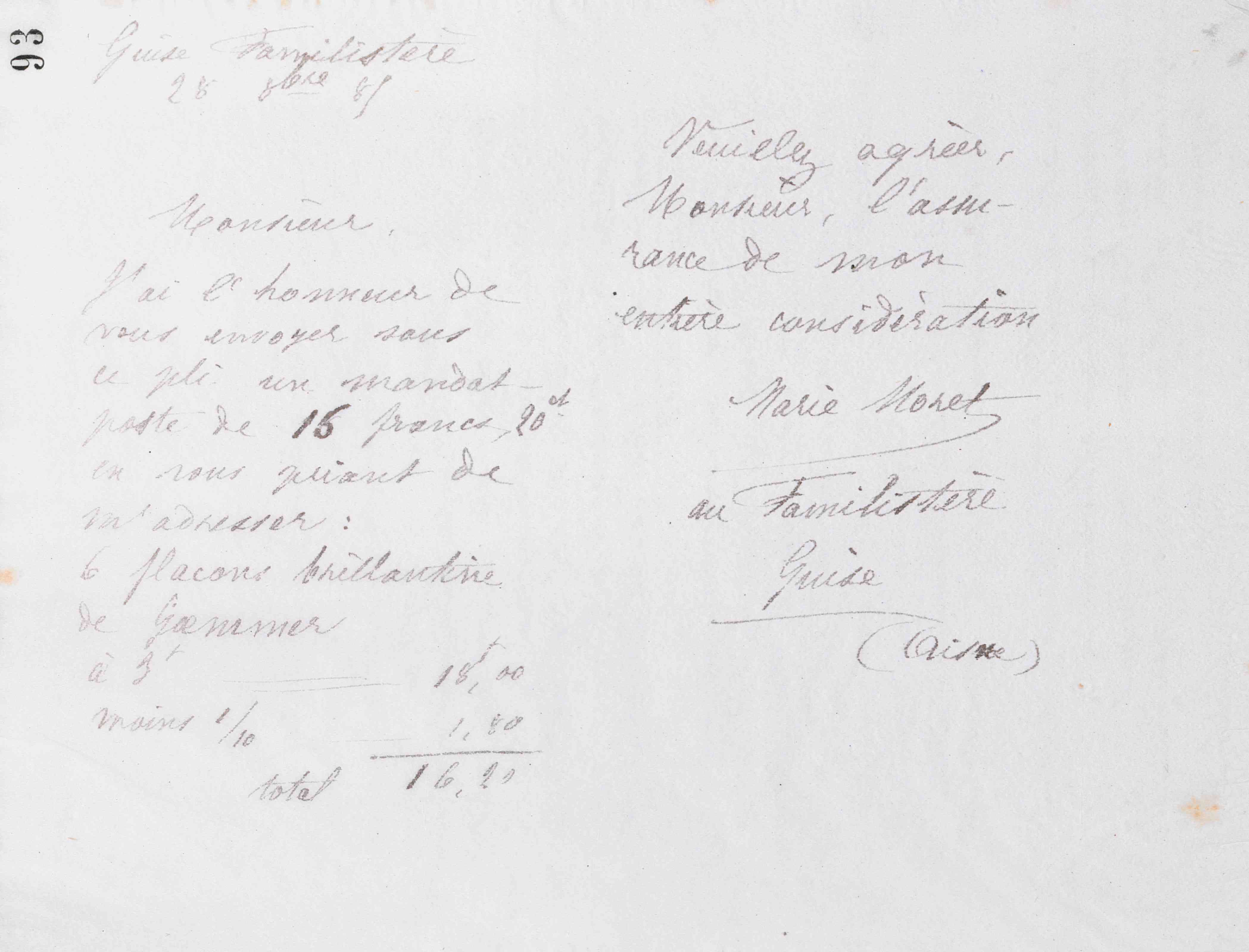 Marie Moret à Fumouze frères, 28 octobre 1885