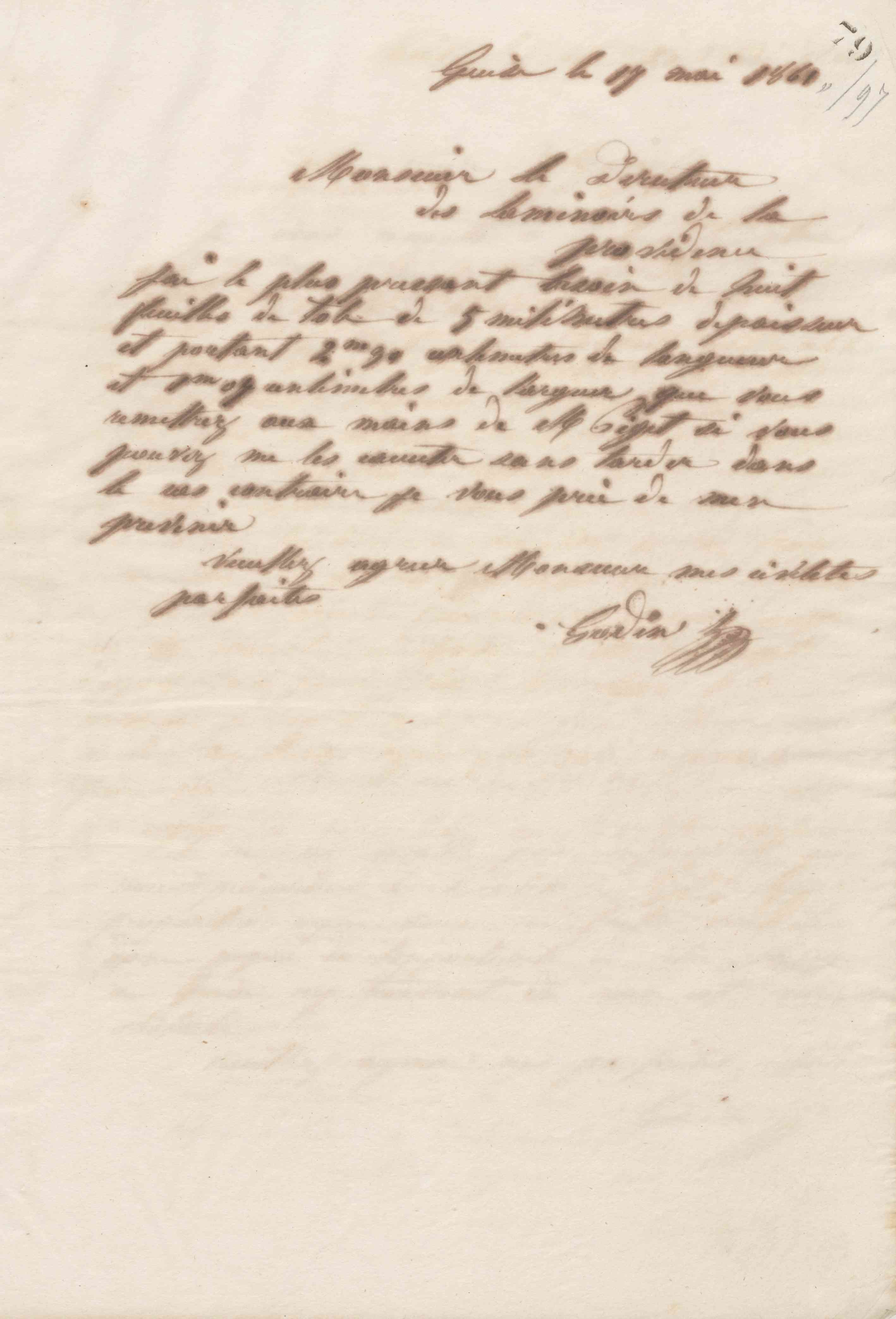 Jean-Baptiste André Godin au directeur des laminoirs de la Providence, 17 mai 1861