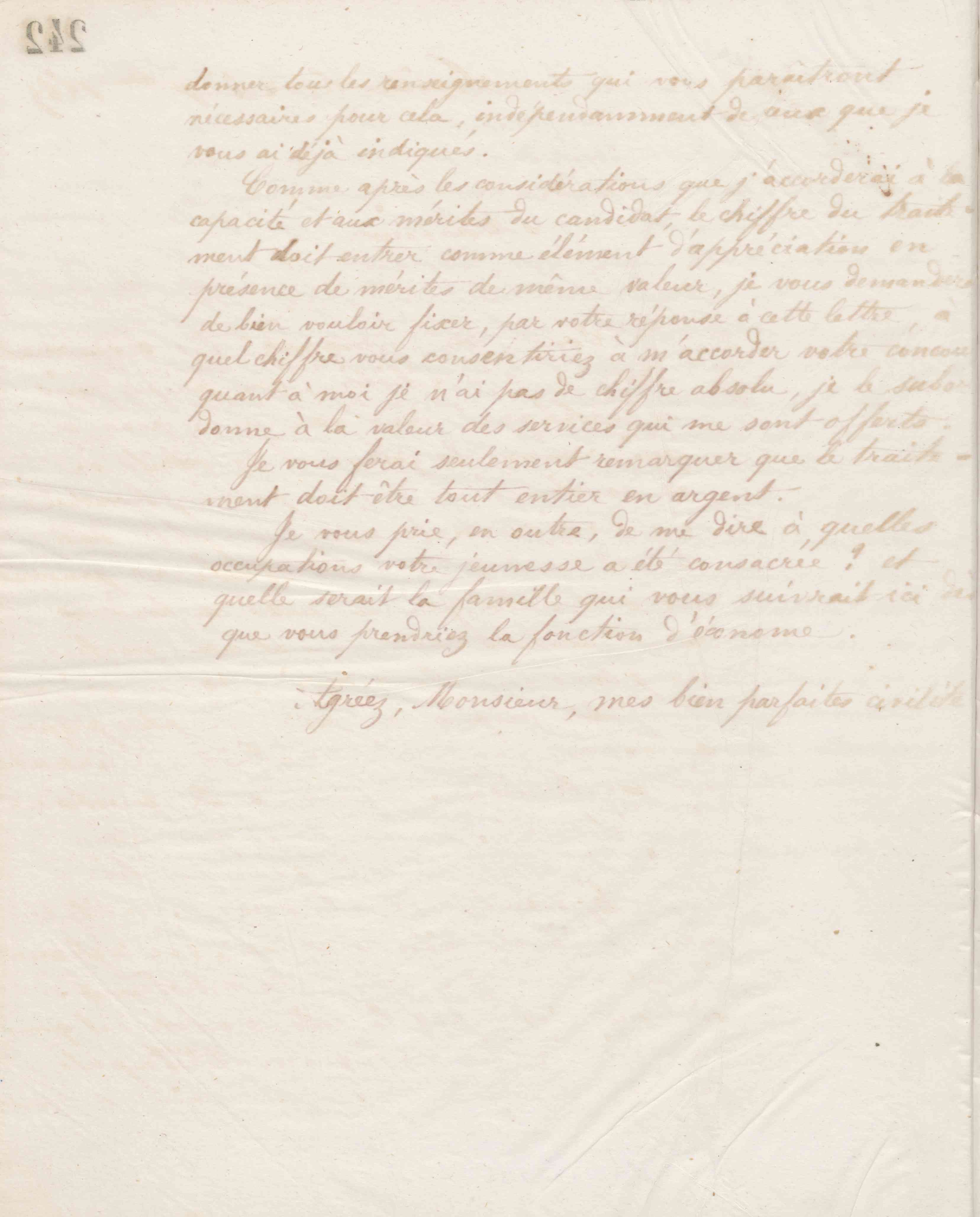 Jean-Baptiste André Godin aux candidats à l'emploi d'économe du Familistère, 21 décembre 1865