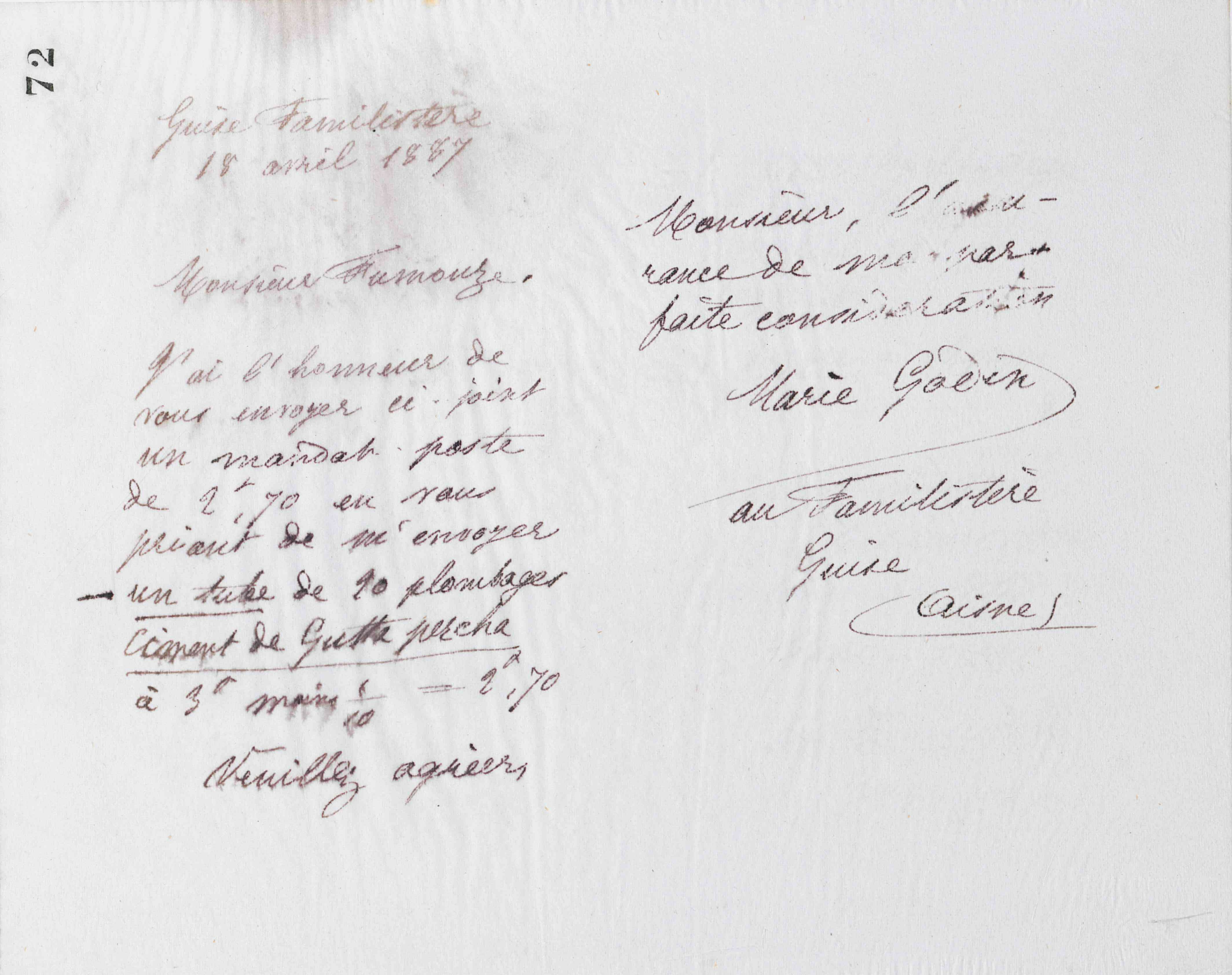 Marie Moret à Fumouze frères, 18 avril 1887