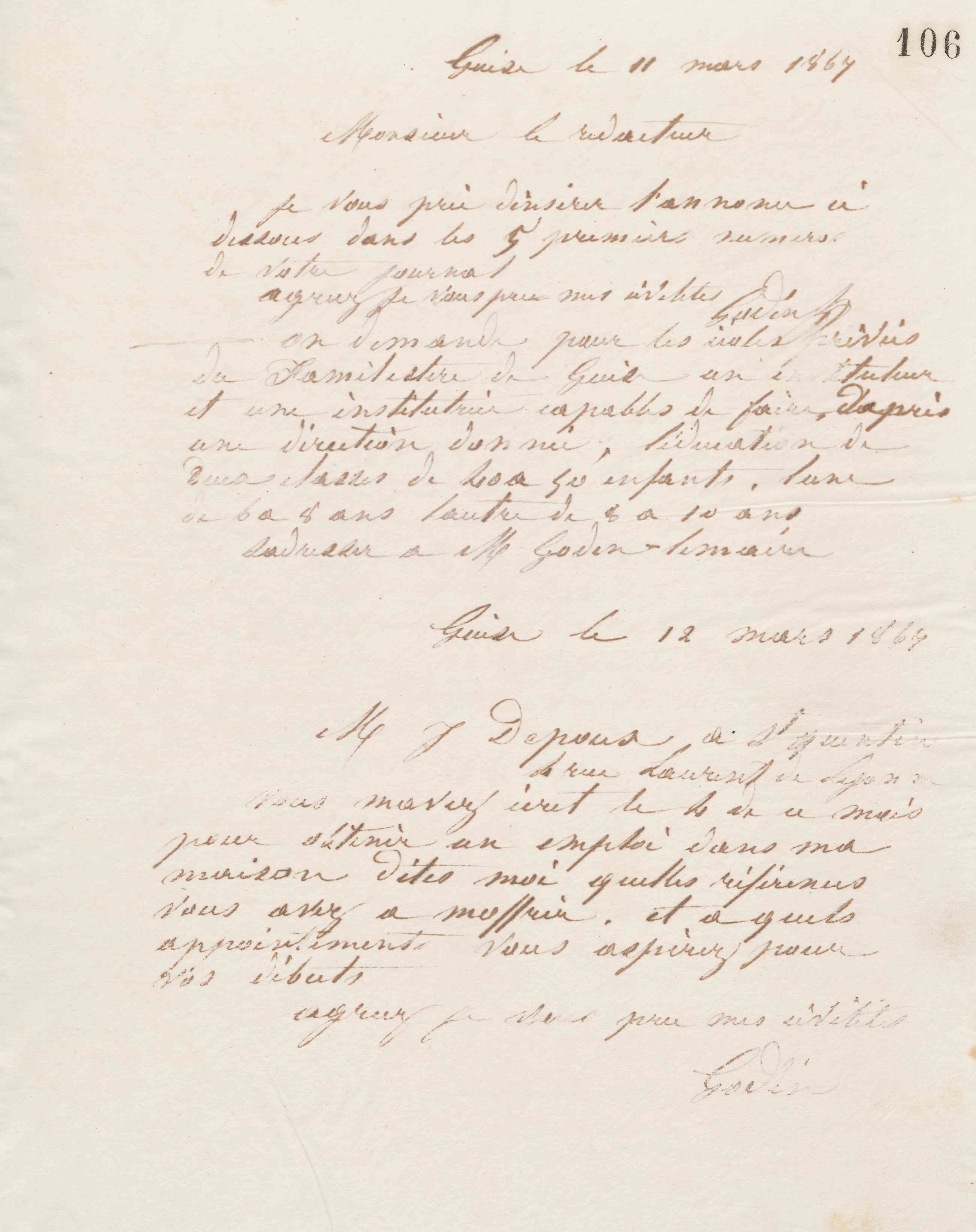 Jean-Baptiste André Godin au rédacteur du Journal de l'Aisne, 11 mars 1867