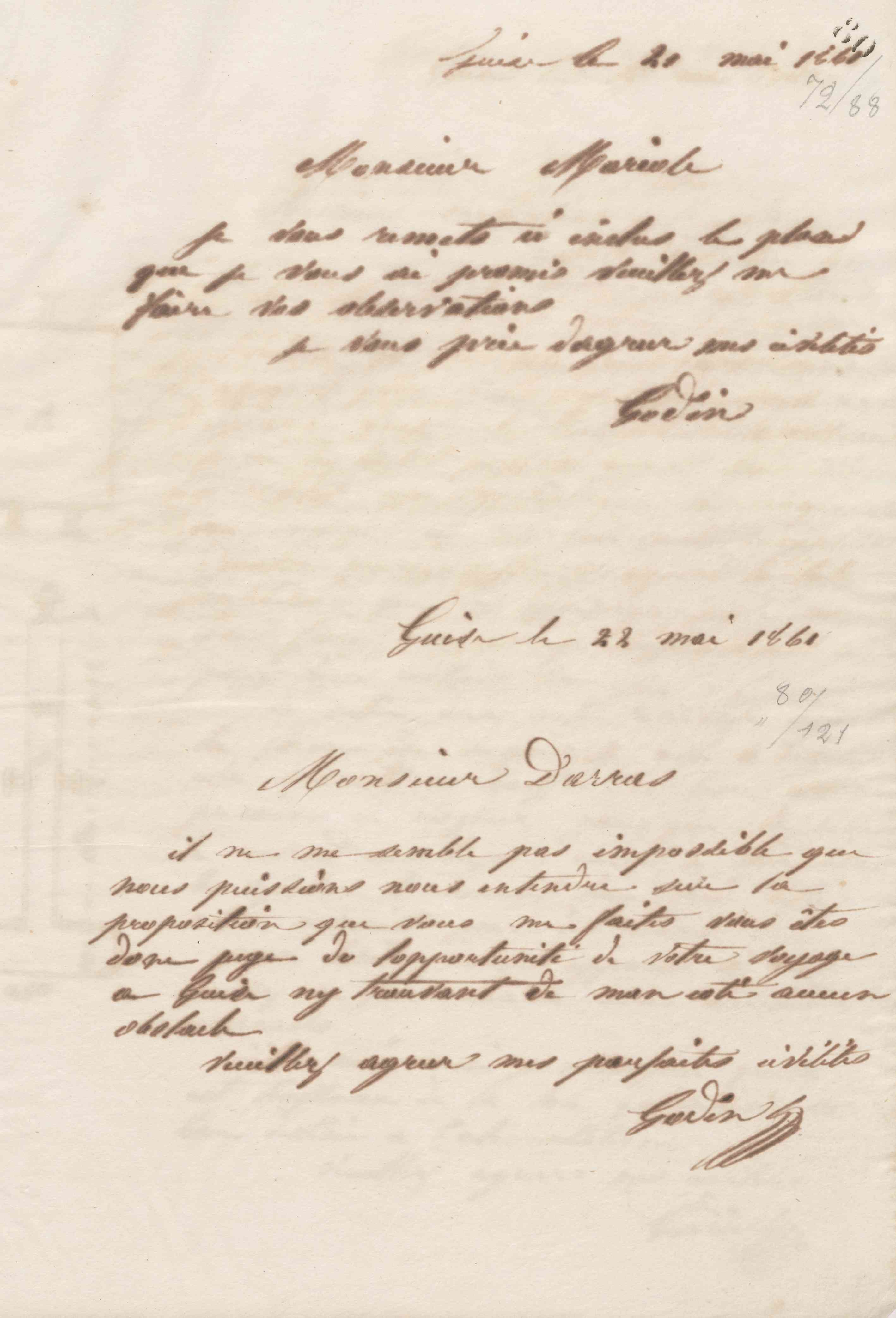 Jean-Baptiste André Godin à monsieur Darras, 22 mai 1861