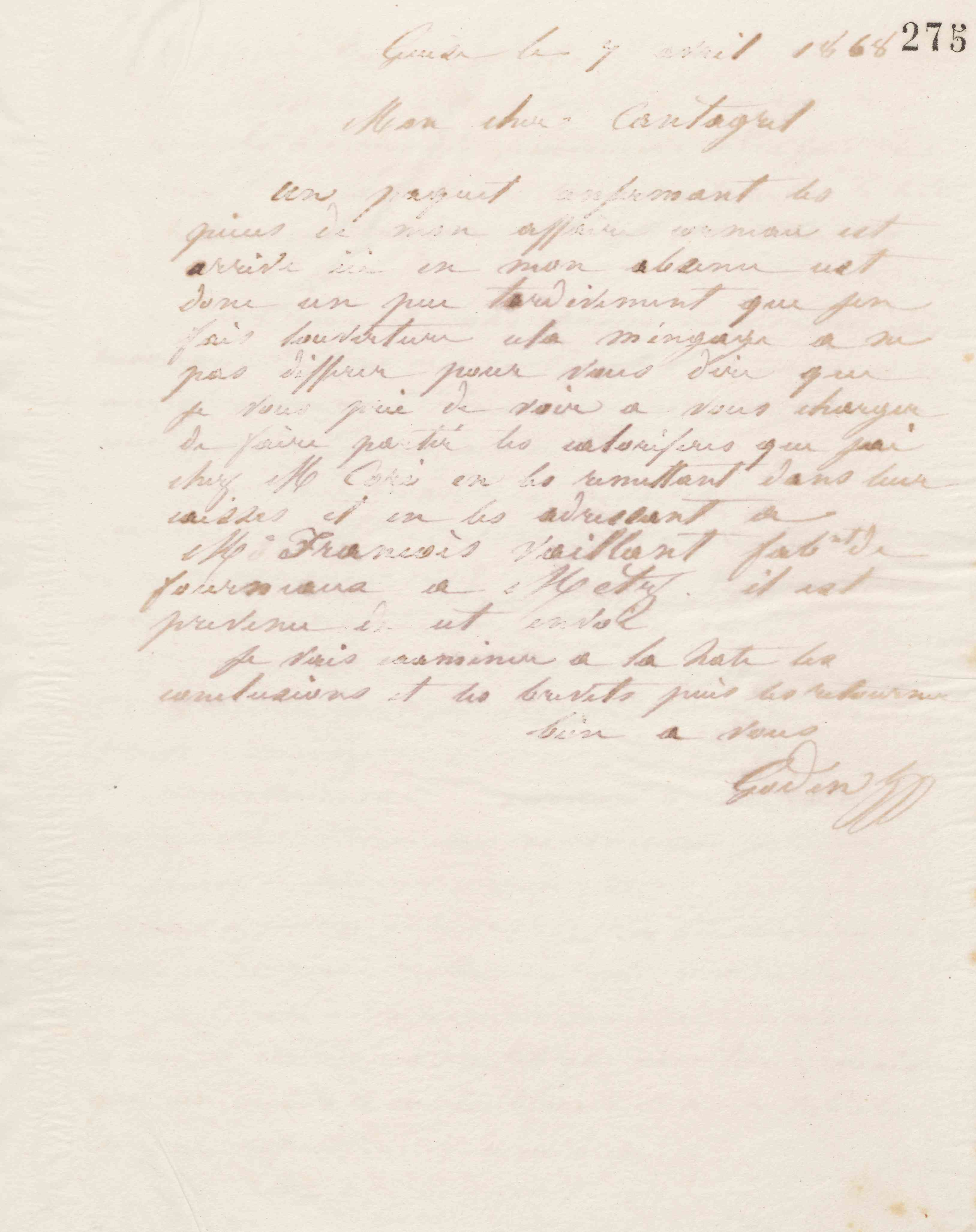 Jean-Baptiste André Godin à François Cantagrel, 7 avril 1868