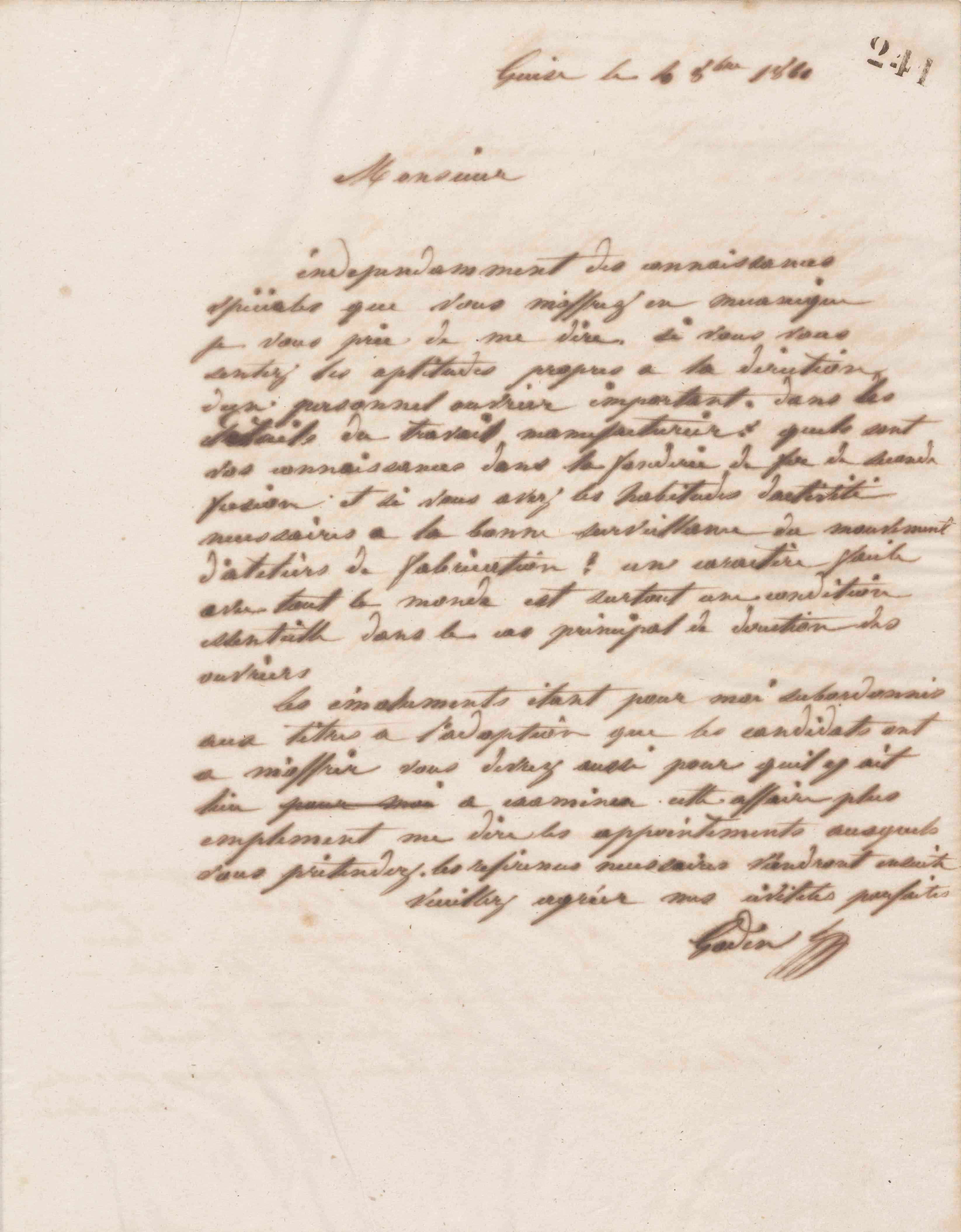 Jean-Baptiste André Godin à monsieur Brochot, 4 octobre 1861