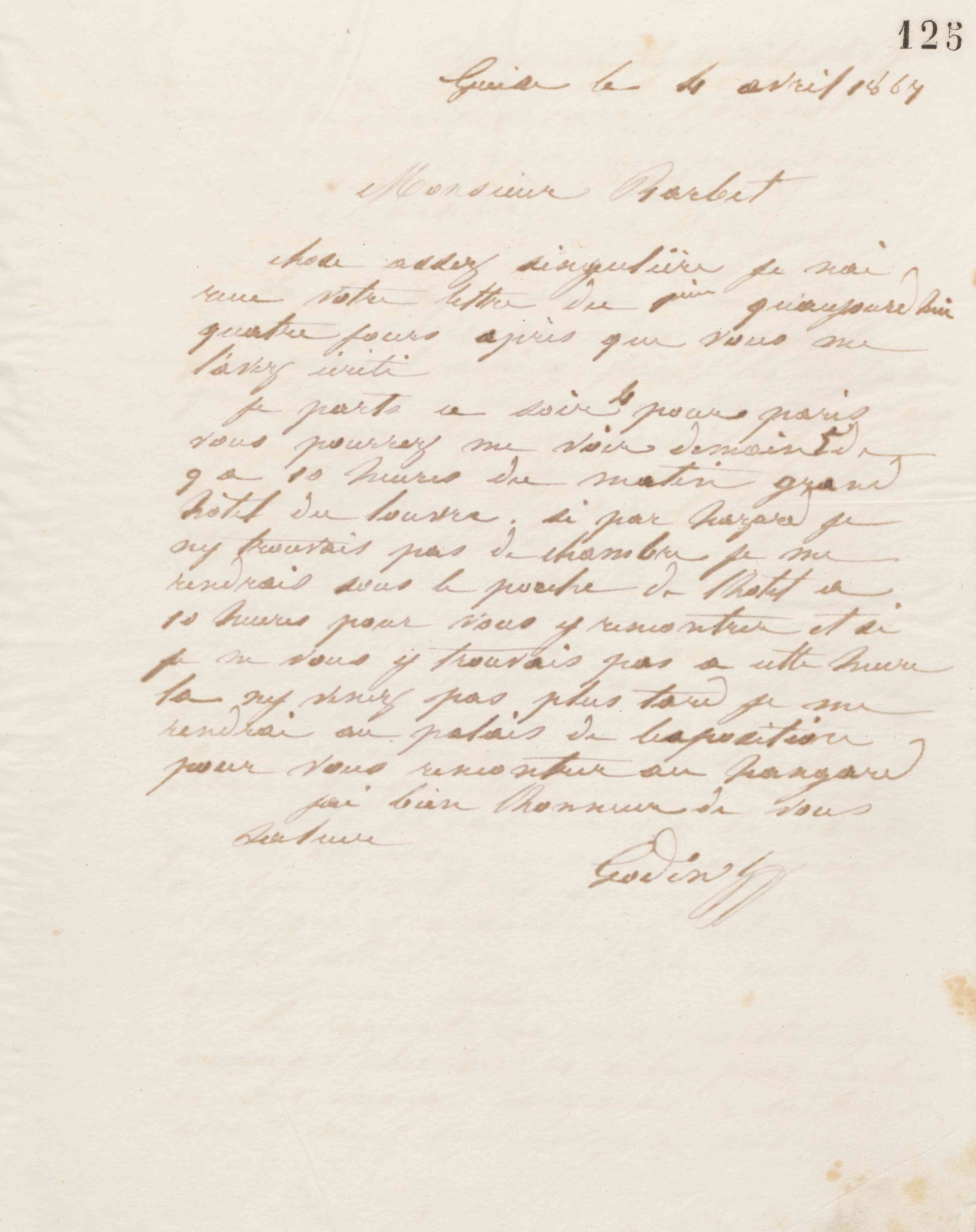 Jean-Baptiste André Godin à monsieur Barbet, 4 avril 1867