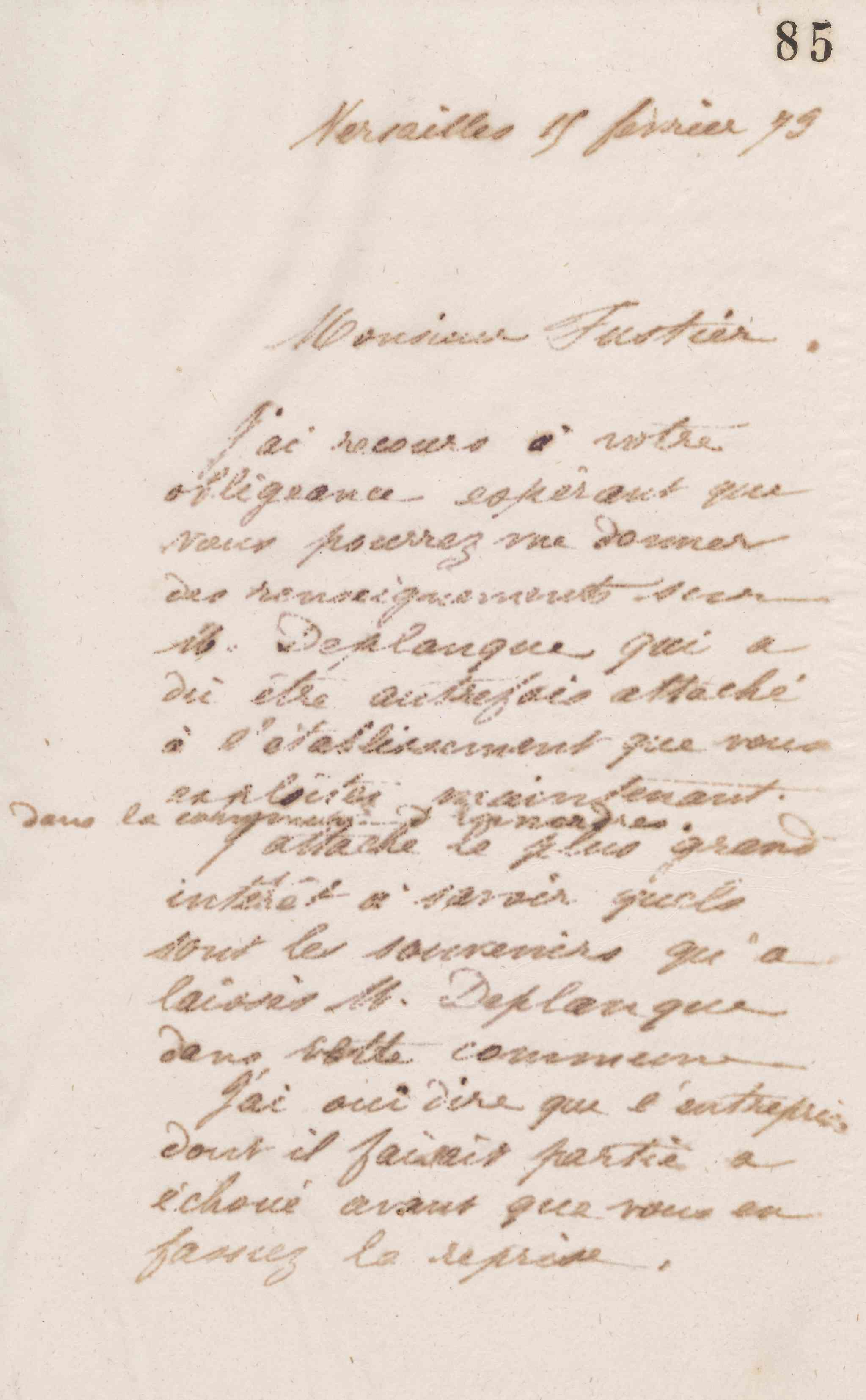 Jean-Baptiste André Godin à monsieur Fustier, 15 février 1873