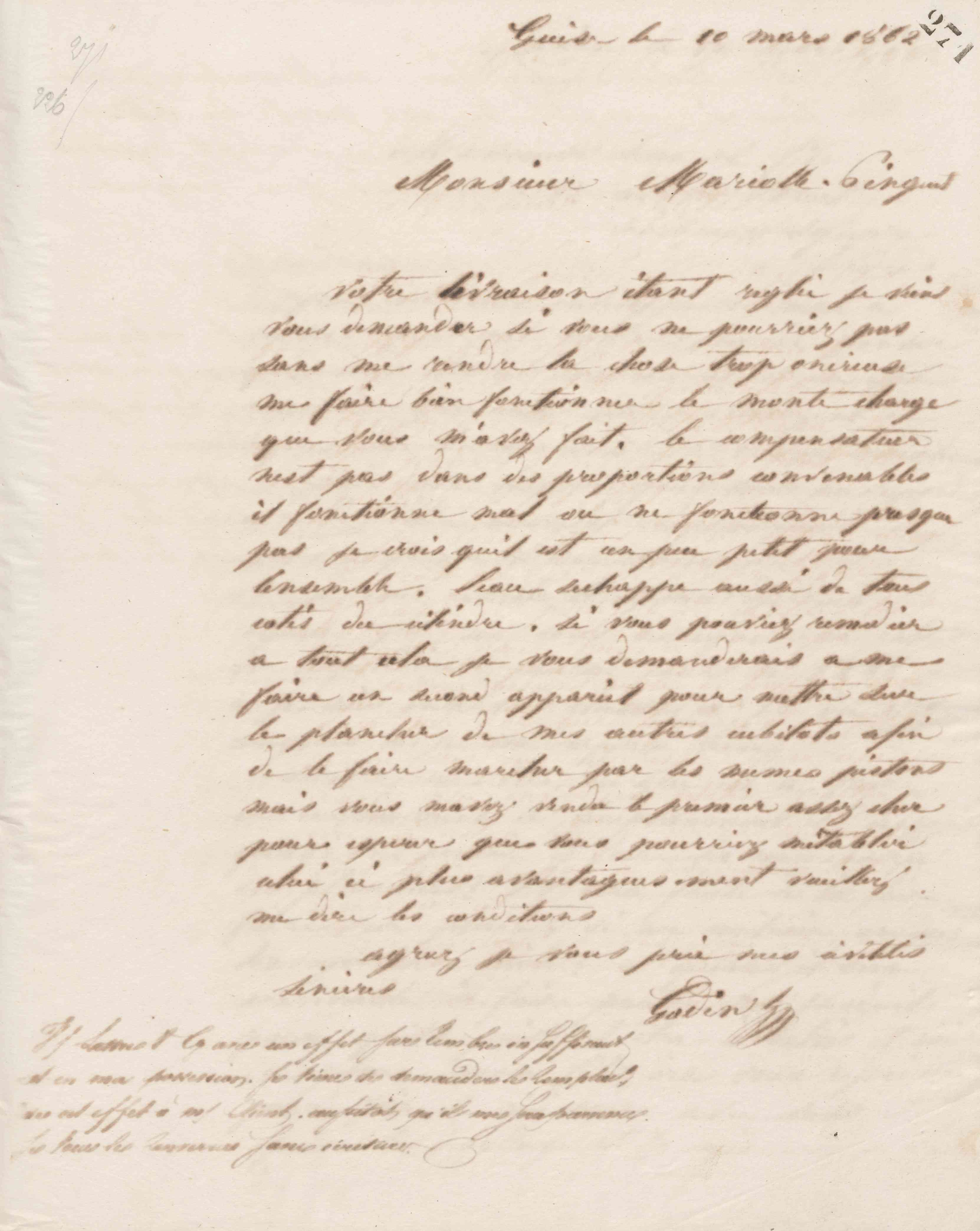Jean-Baptiste André Godin à Charles Désiré Mariolle-Pinguet, 10 mars 1862