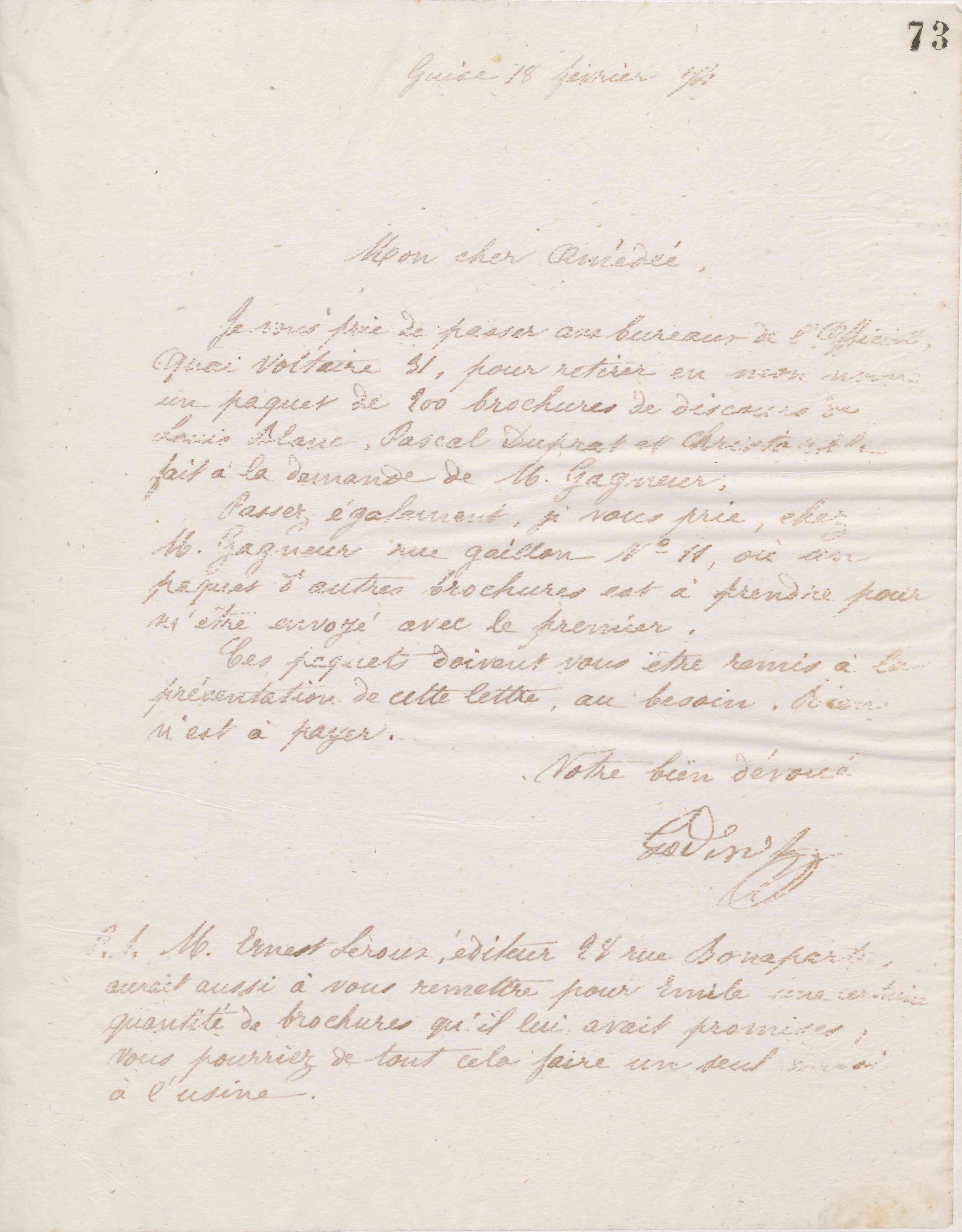 Jean-Baptiste André Godin à Amédée Moret, 18 février 1874