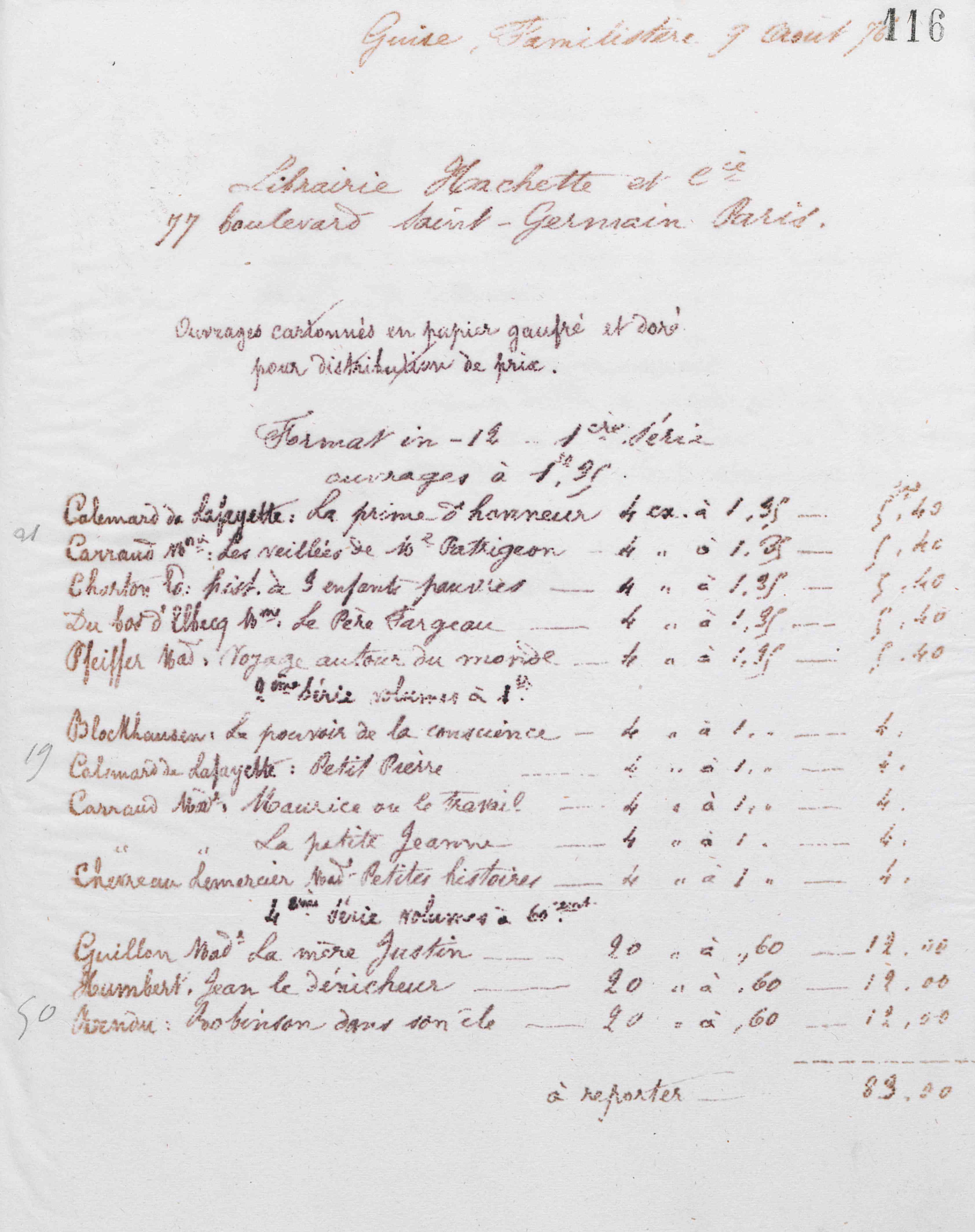 Marie Moret à la librairie Hachette et Cie, 9 août 1876