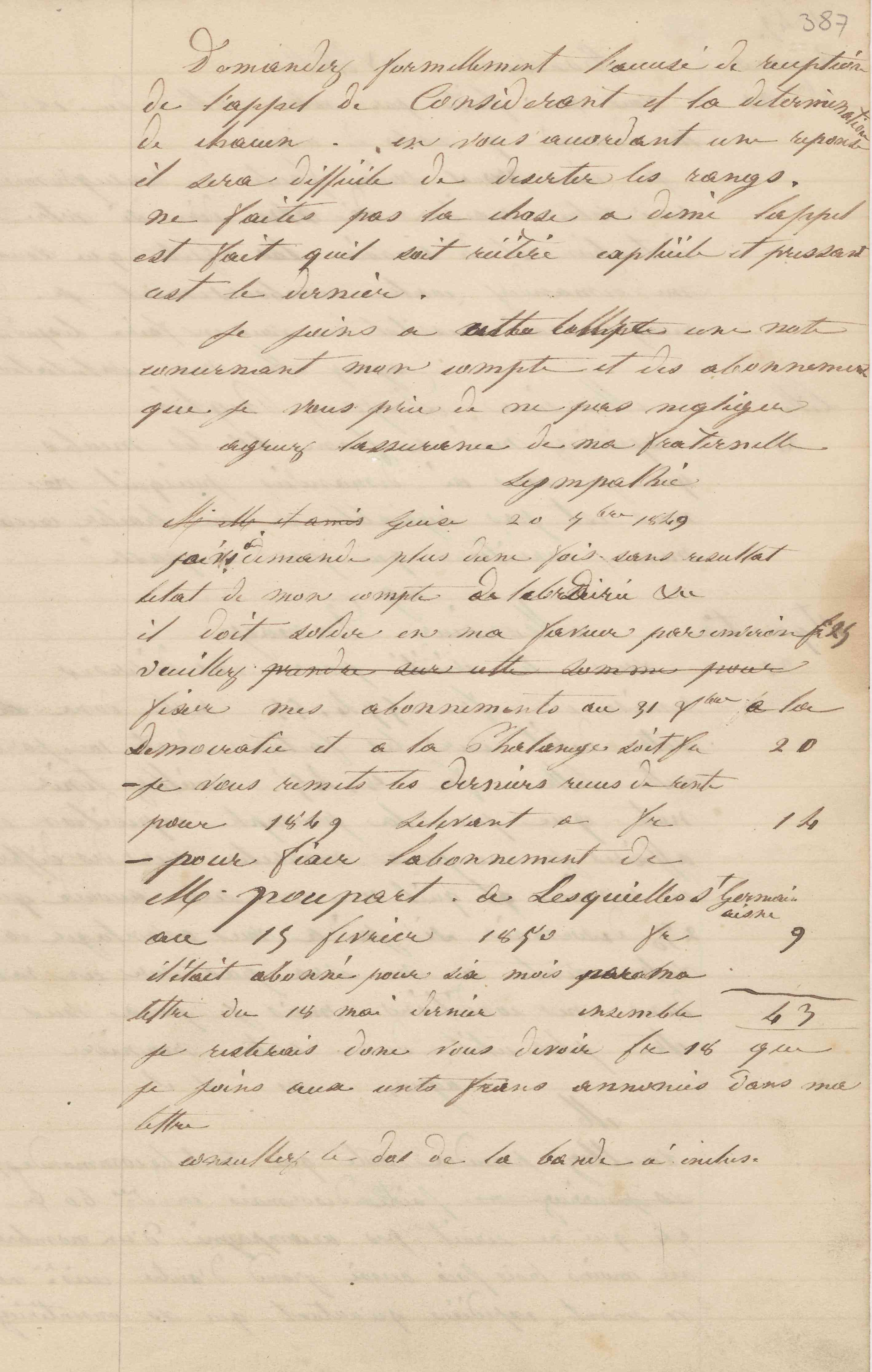 Jean-Baptiste André Godin aux gérants de La Démocratie Pacifique et à l'École sociétaire, 20 [septembre 1849]