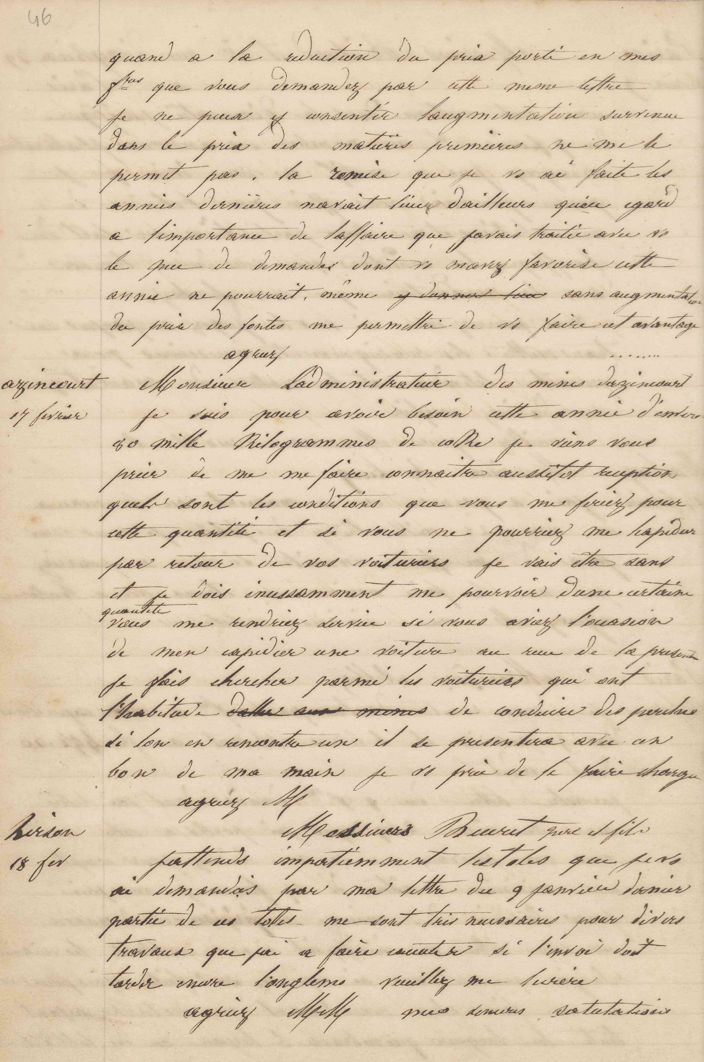 Jean-Baptiste André Godin à l'administrateur des mines d'Azincourt, 17 février 1847 Jean-Baptiste André Godin à l'administrateur des mines d'Azincourt, 17 février 1847