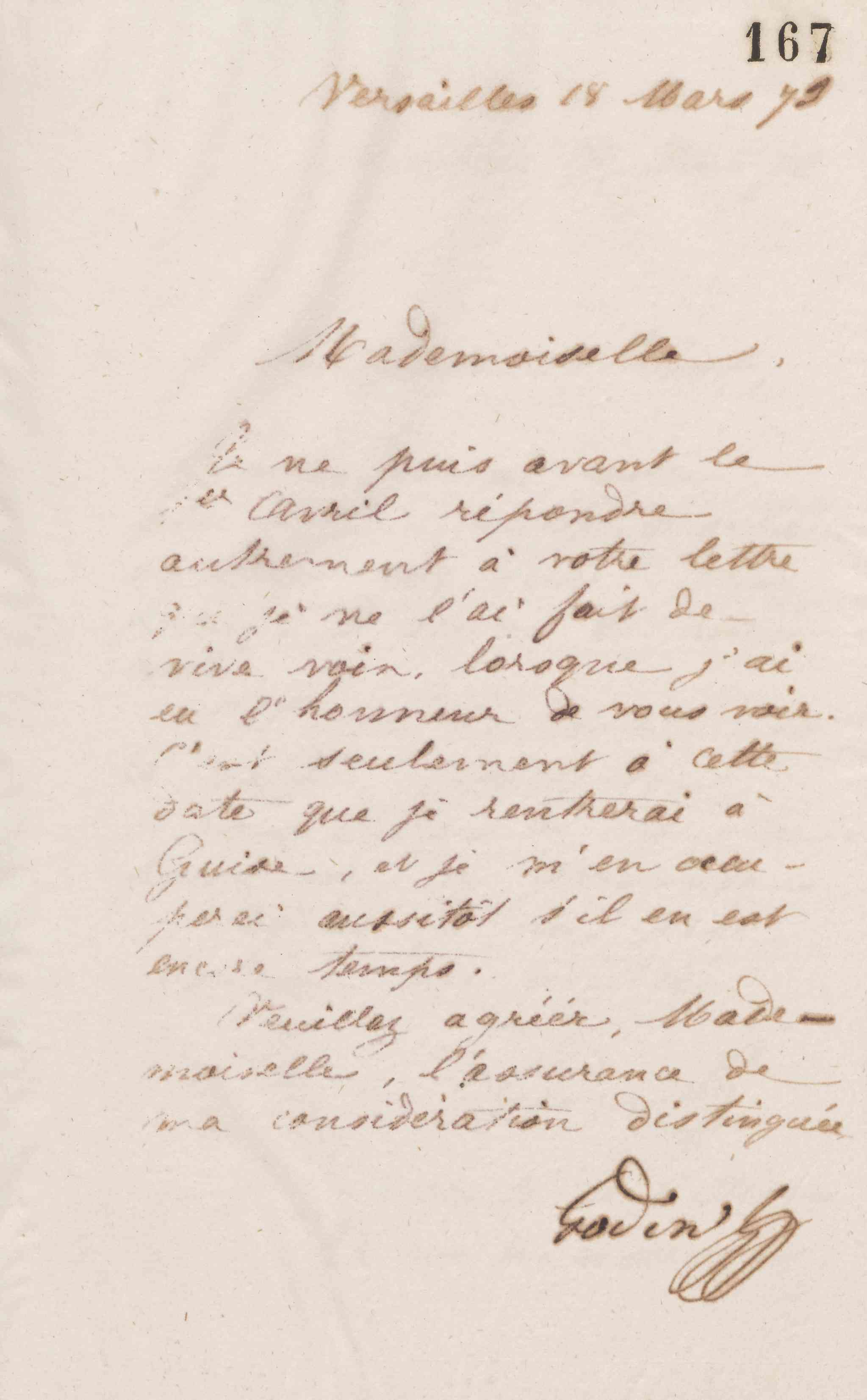 Jean-Baptiste André Godin à monsieur Binet, 19 mars 1873