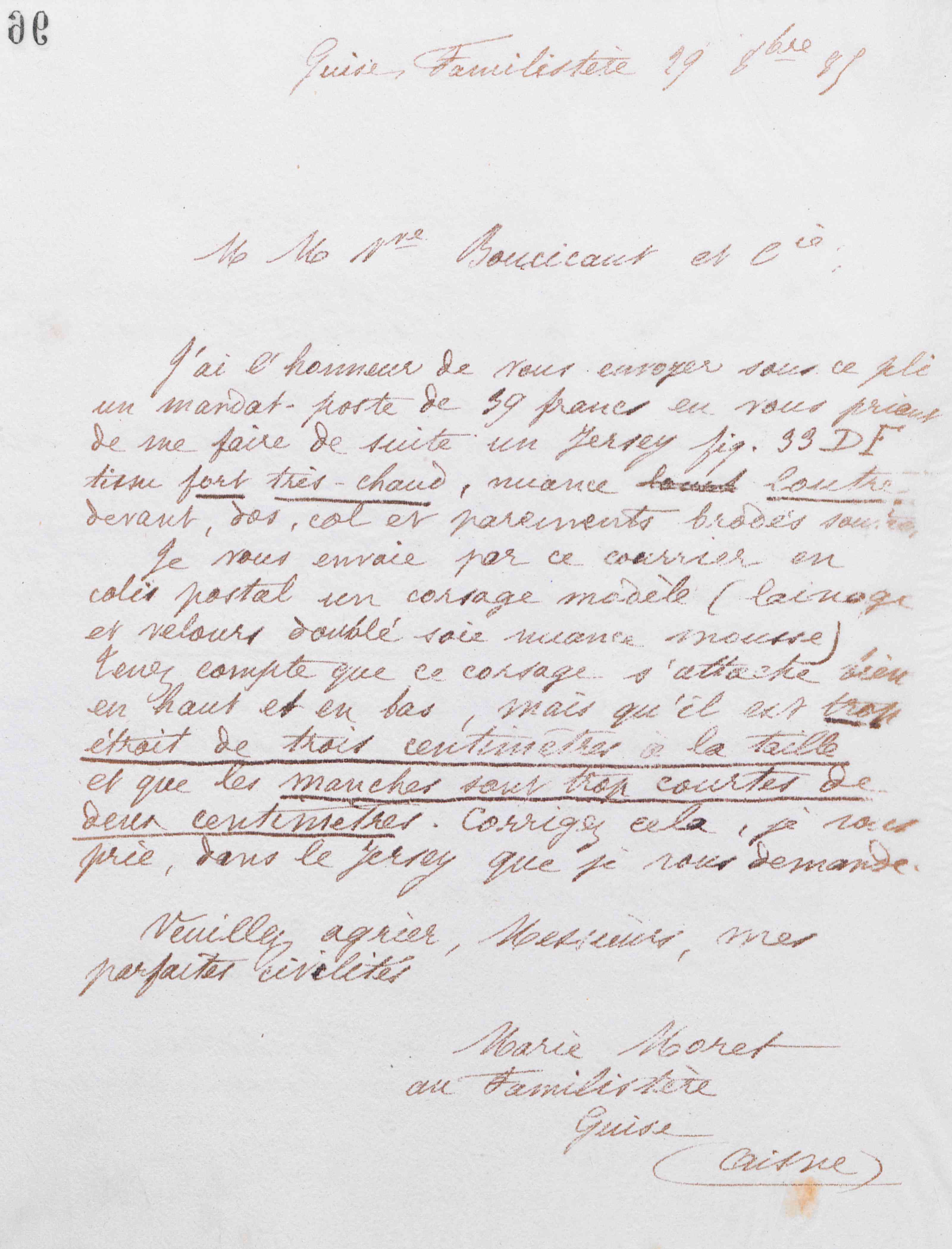 Marie Moret au Bon marché, 29 octobre 1885