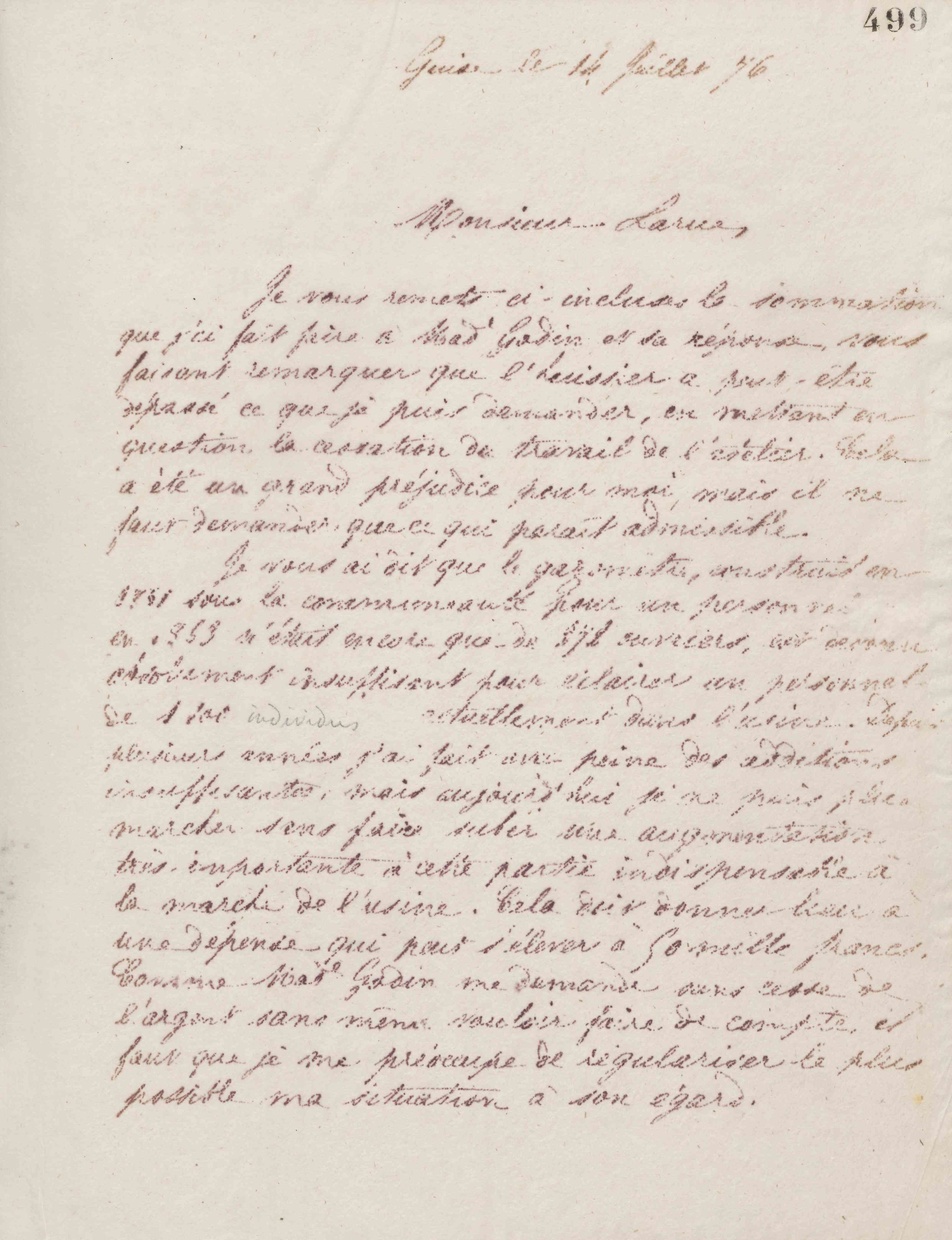 Jean-Baptiste André Godin à Édouard Larue, 14 juillet 1876