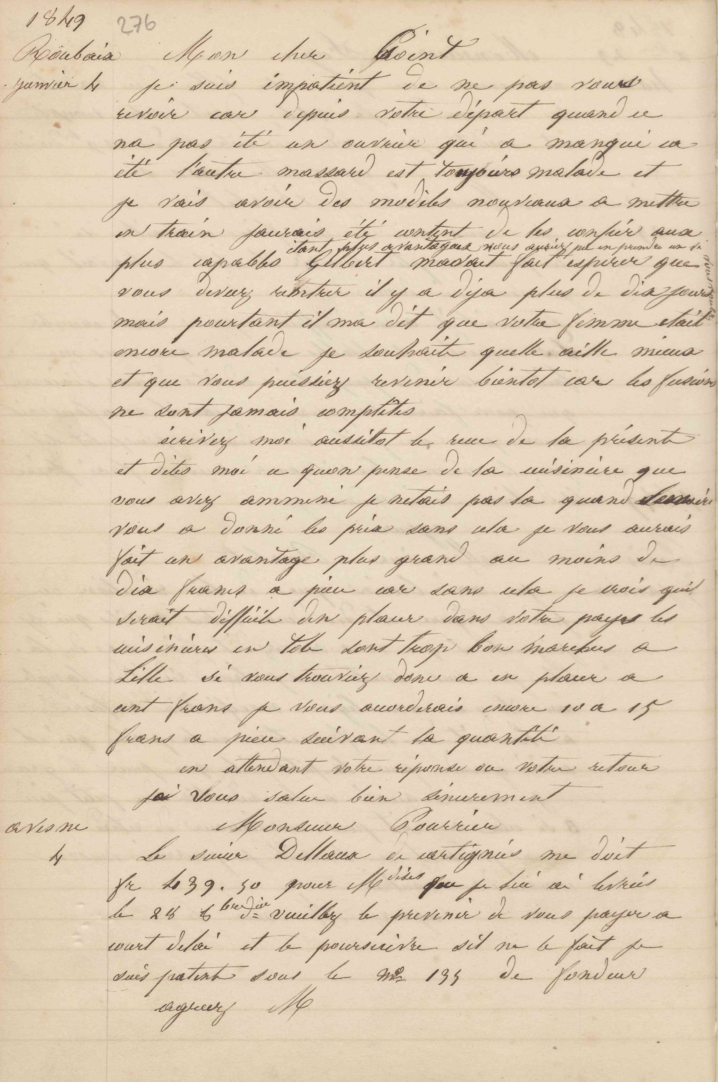 Jean-Baptiste André Godin à monsieur Pourrier, 4 janvier 1849