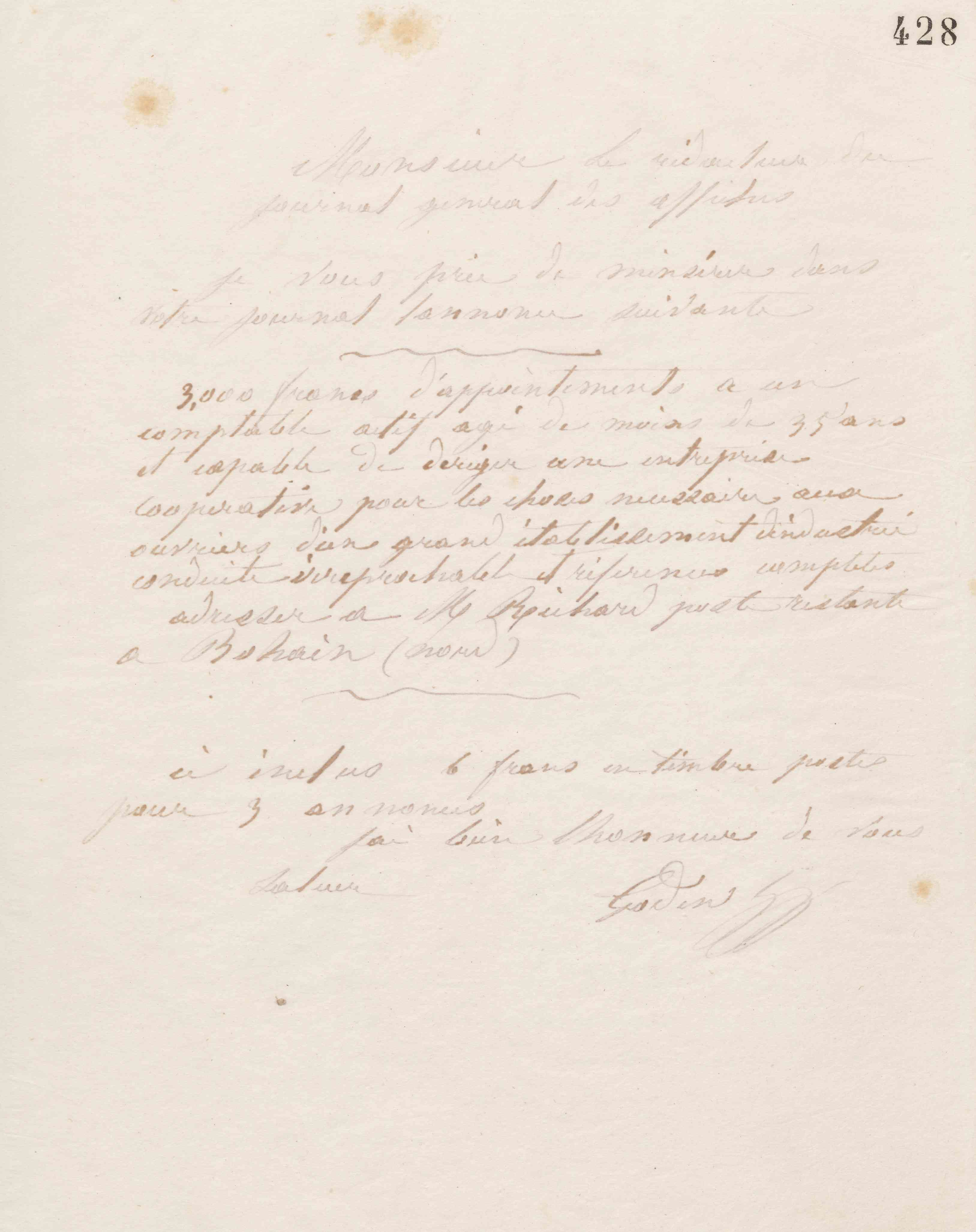 Jean-Baptiste André Godin au rédacteur du Journal général d'affiches, vers le 10 septembre 1869