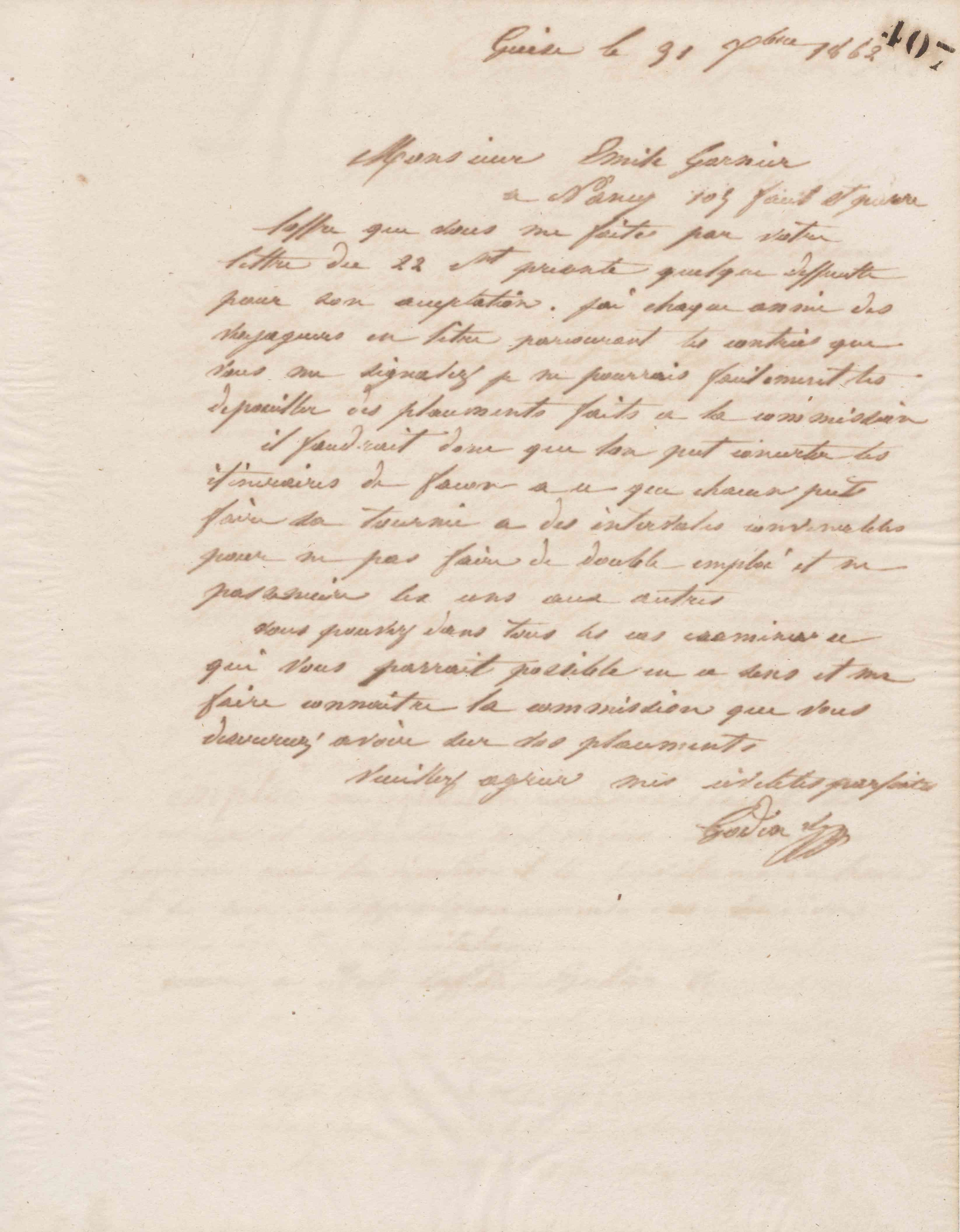 Jean-Baptiste André Godin à monsieur Émile Garnier, 31 décembre 1862