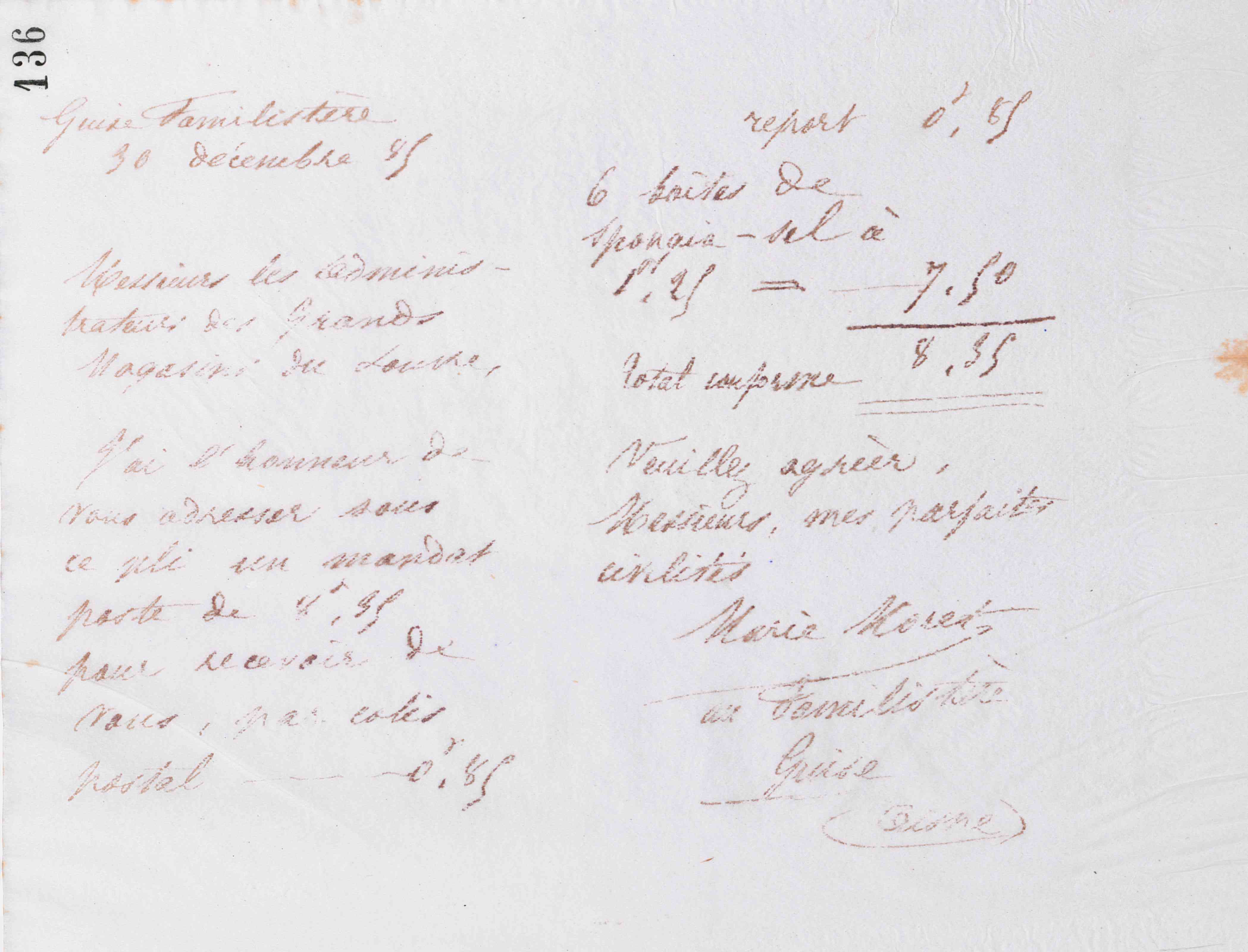 Marie Moret aux Grands magasins du Louvre à Paris, 30 décembre 1885
