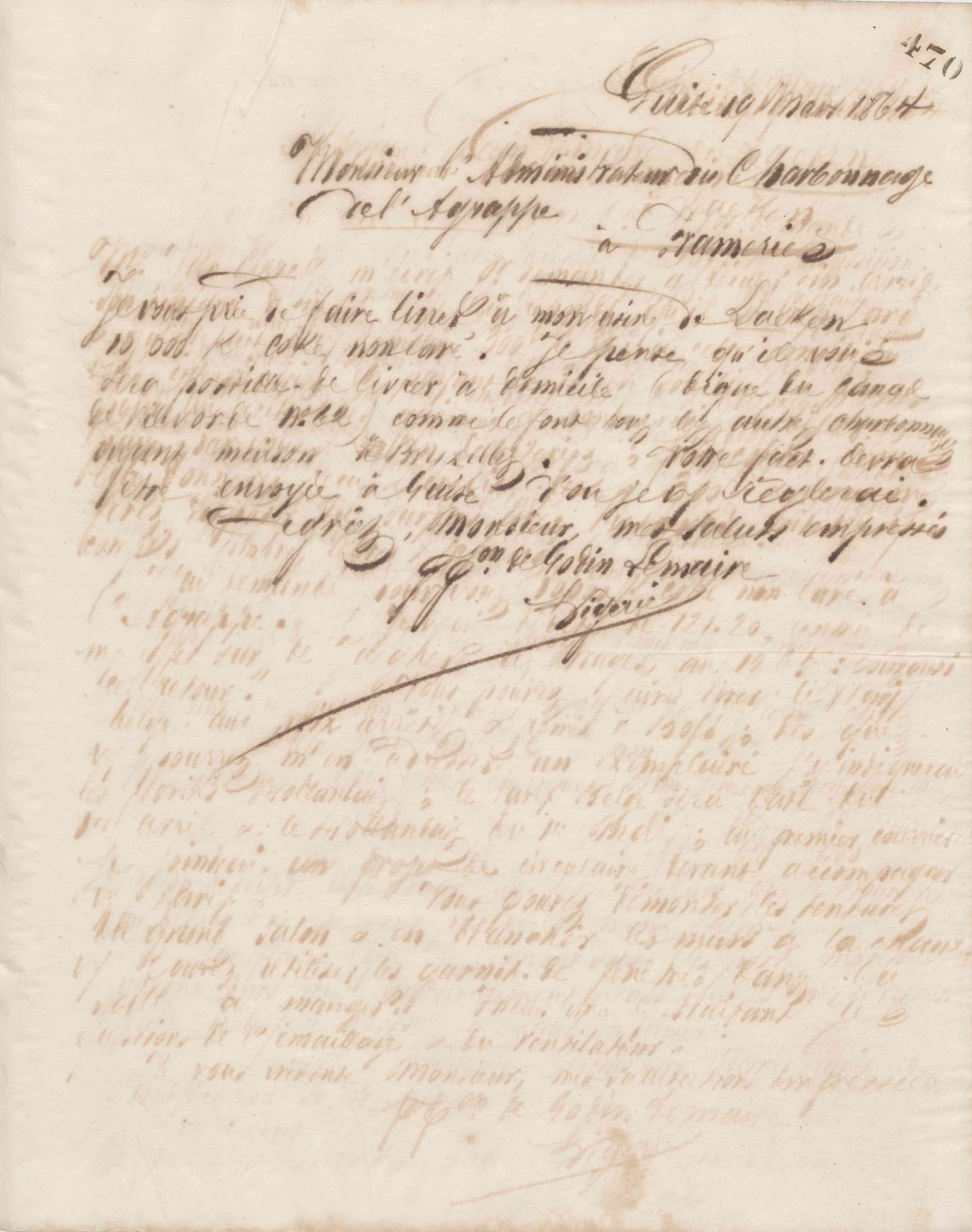 Jean-Baptiste André Godin à l'administrateur gérant des charbonnages de l'Agrappe, 19 mars 1864