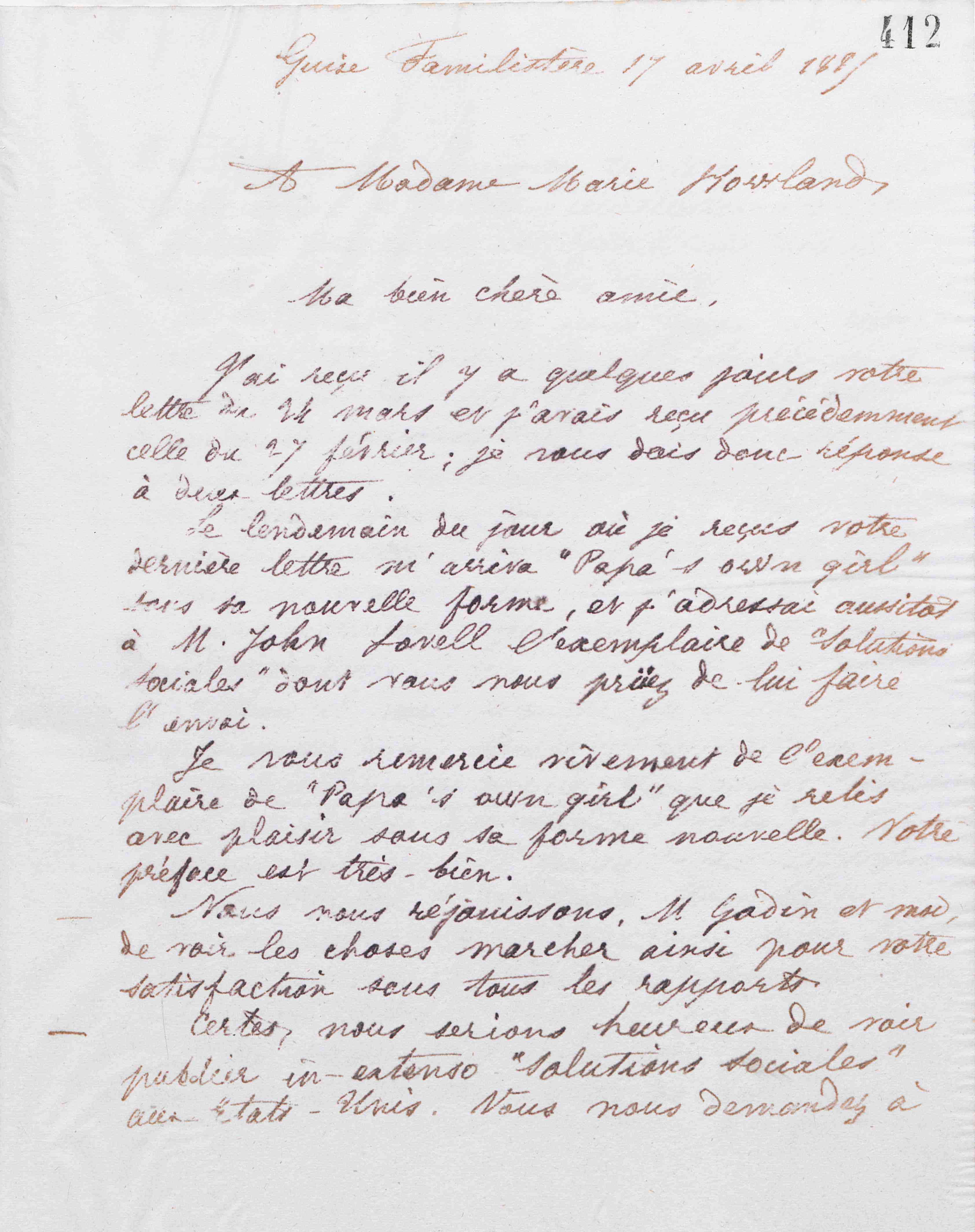 Marie Moret à Marie Howland, 17 avril 1885