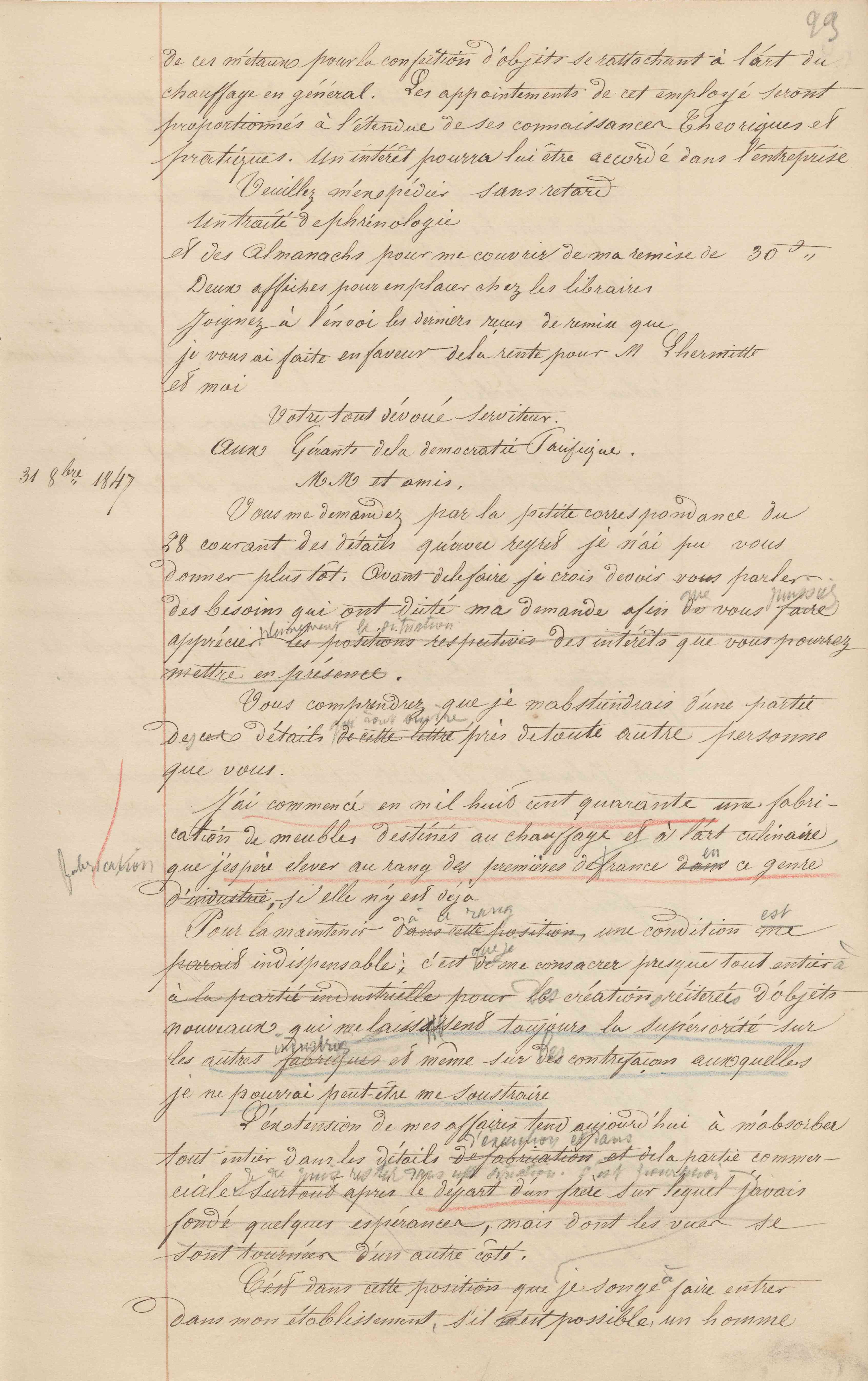 Jean-Baptiste André Godin aux gérants de La Démocratie pacifique, 31 octobre 1847