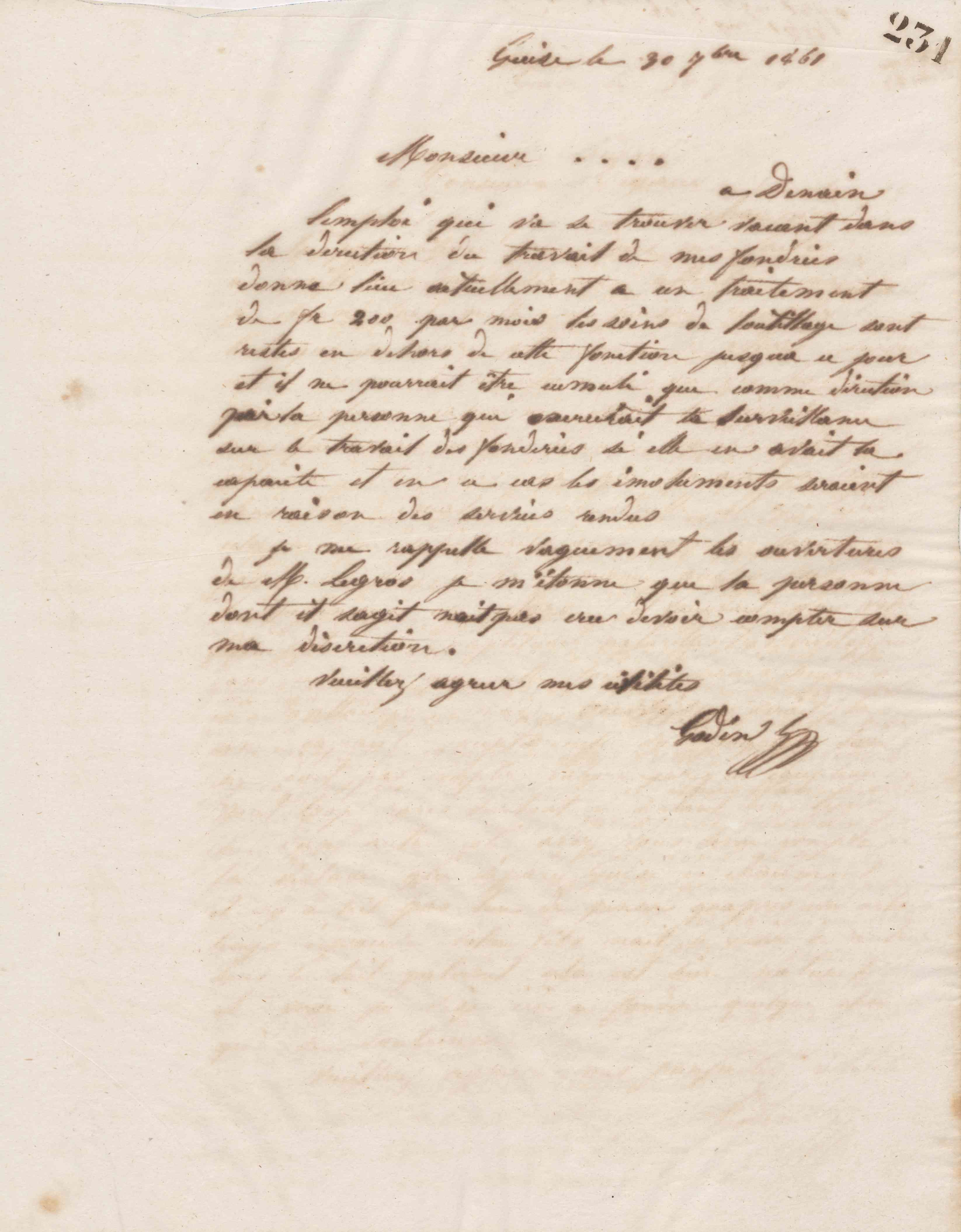 Jean-Baptiste André Godin à un destinataire inconnu, 30 septembre 1861