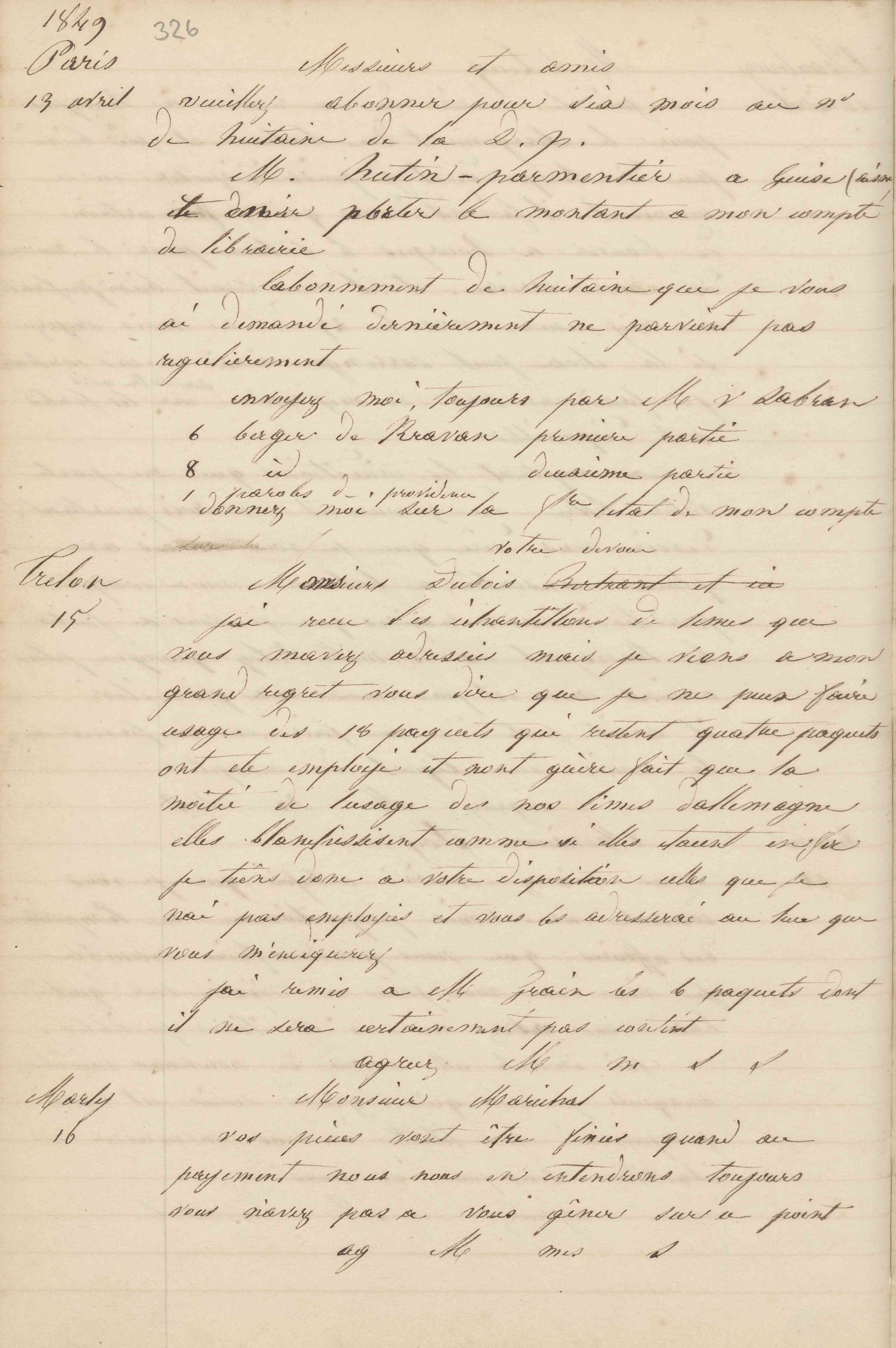 Jean-Baptiste André Godin aux gérants de La Démocratie pacifique, 13 avril 1849