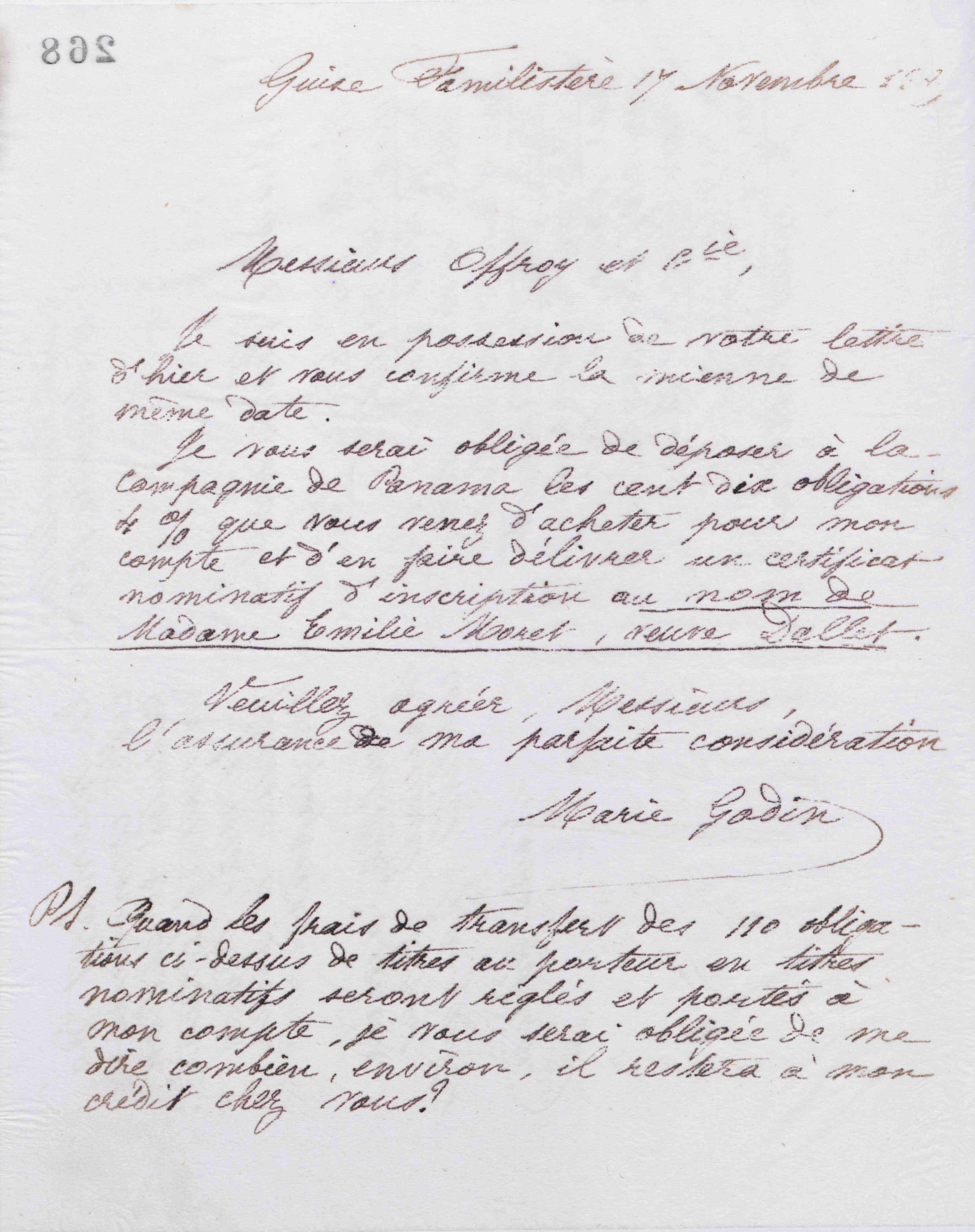 Marie Moret à Offroy et Cie, 17 novembre 1887