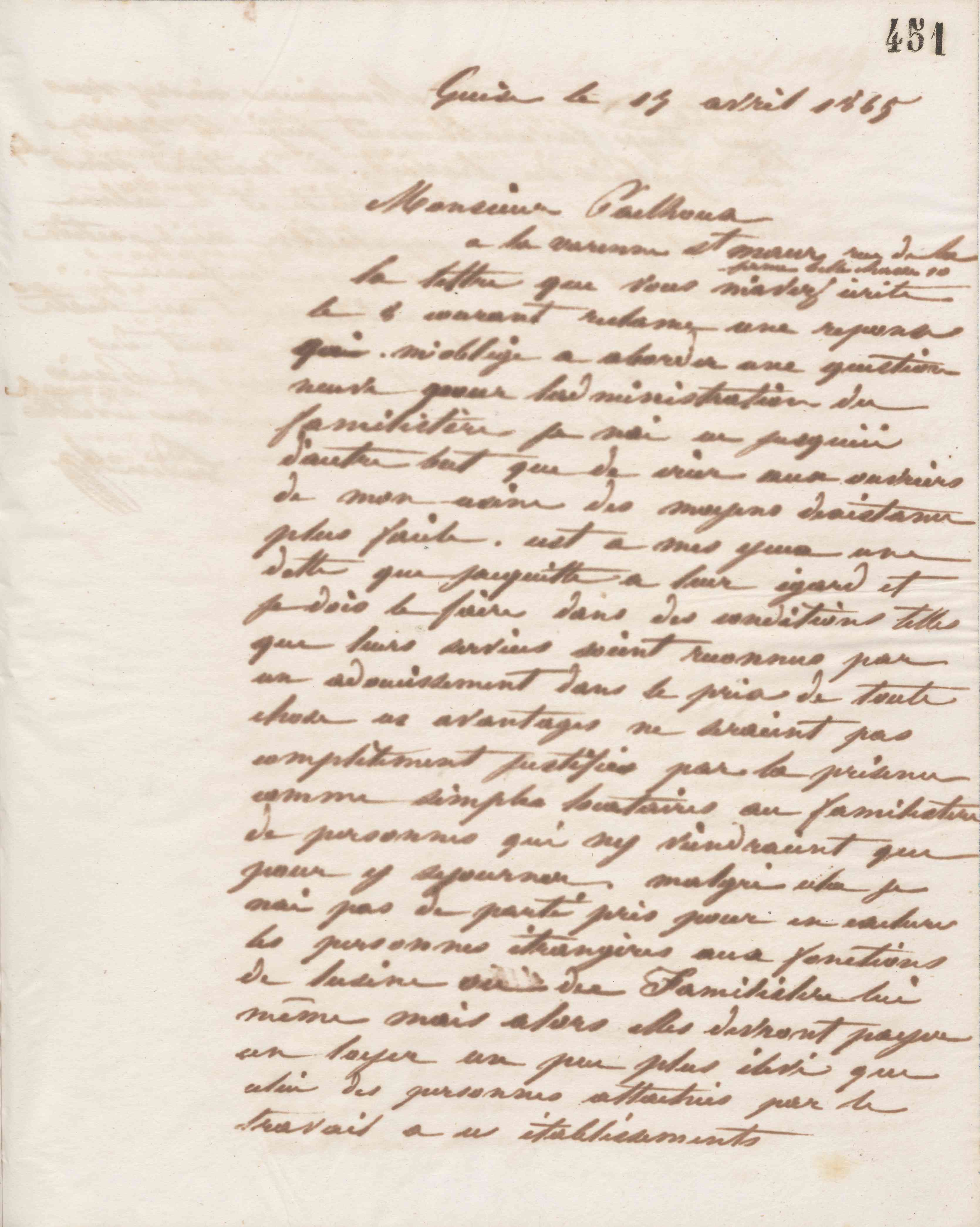 Jean-Baptiste André Godin à monsieur Pailhoux, 13 avril 1865