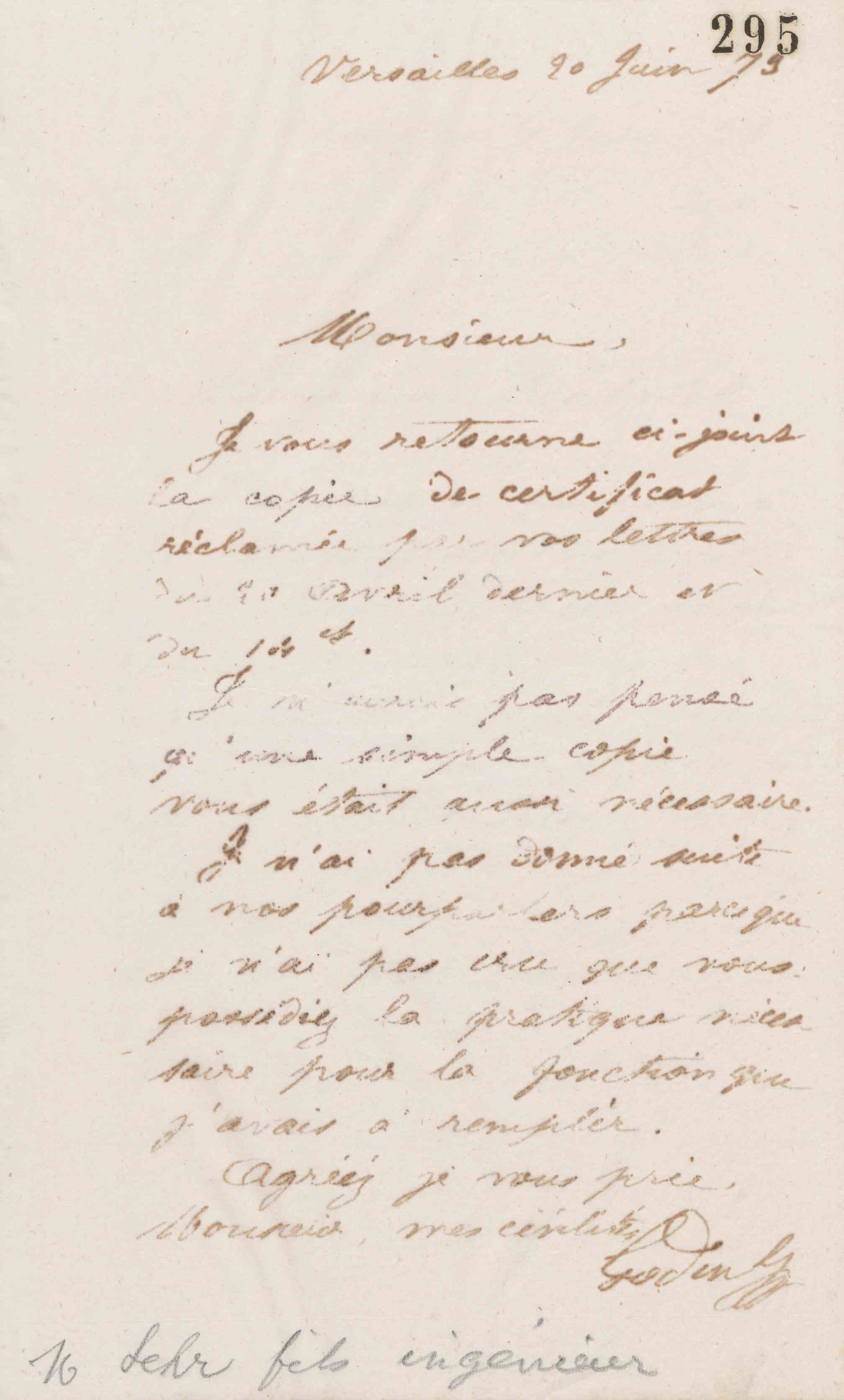 Jean-Baptiste André Godin à monsieur Lehr fils, 16 juin 1873