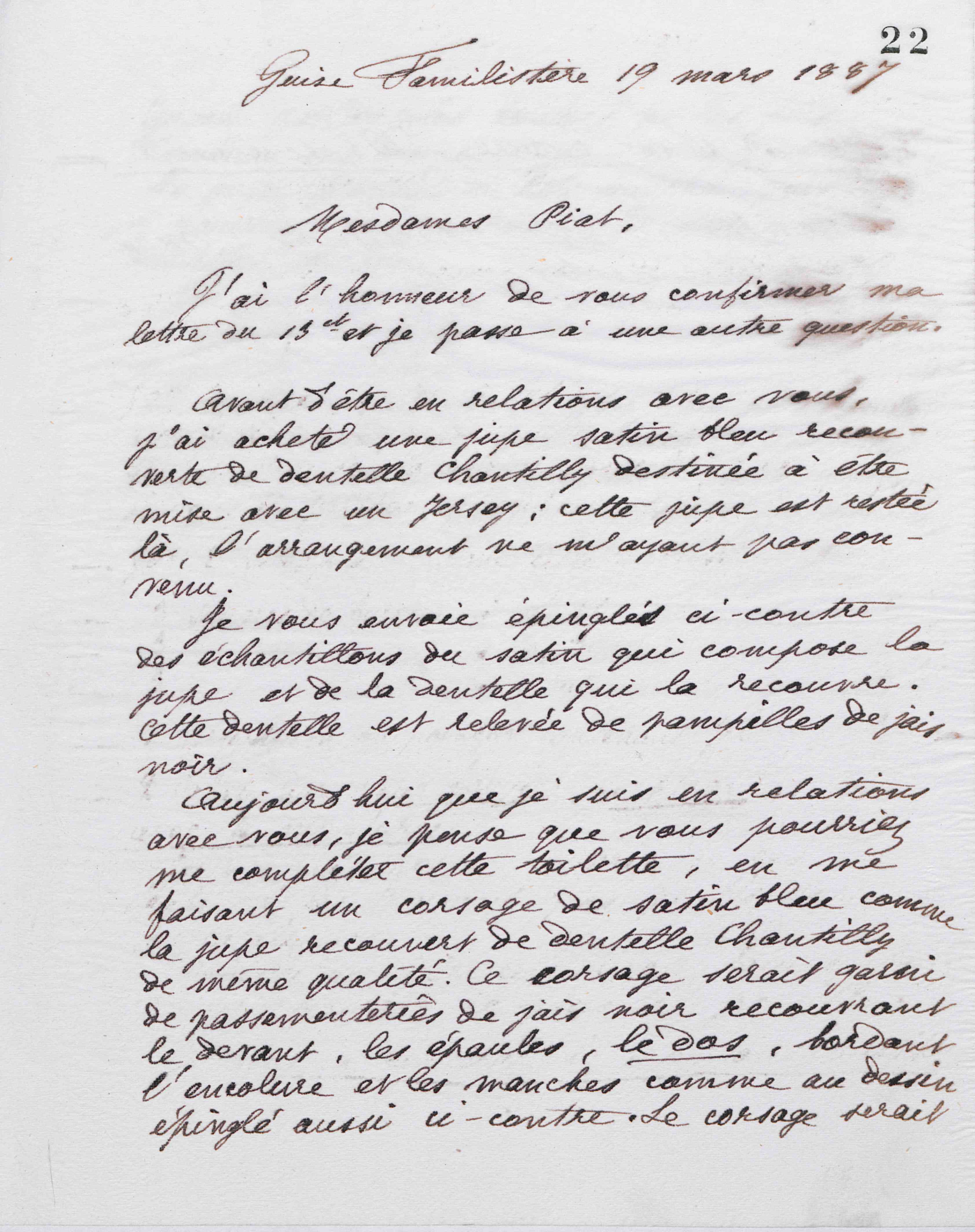 Marie Moret à Piat sœurs, 19 mars 1887 Marie Moret à Piat sœurs, 19 mars 1887