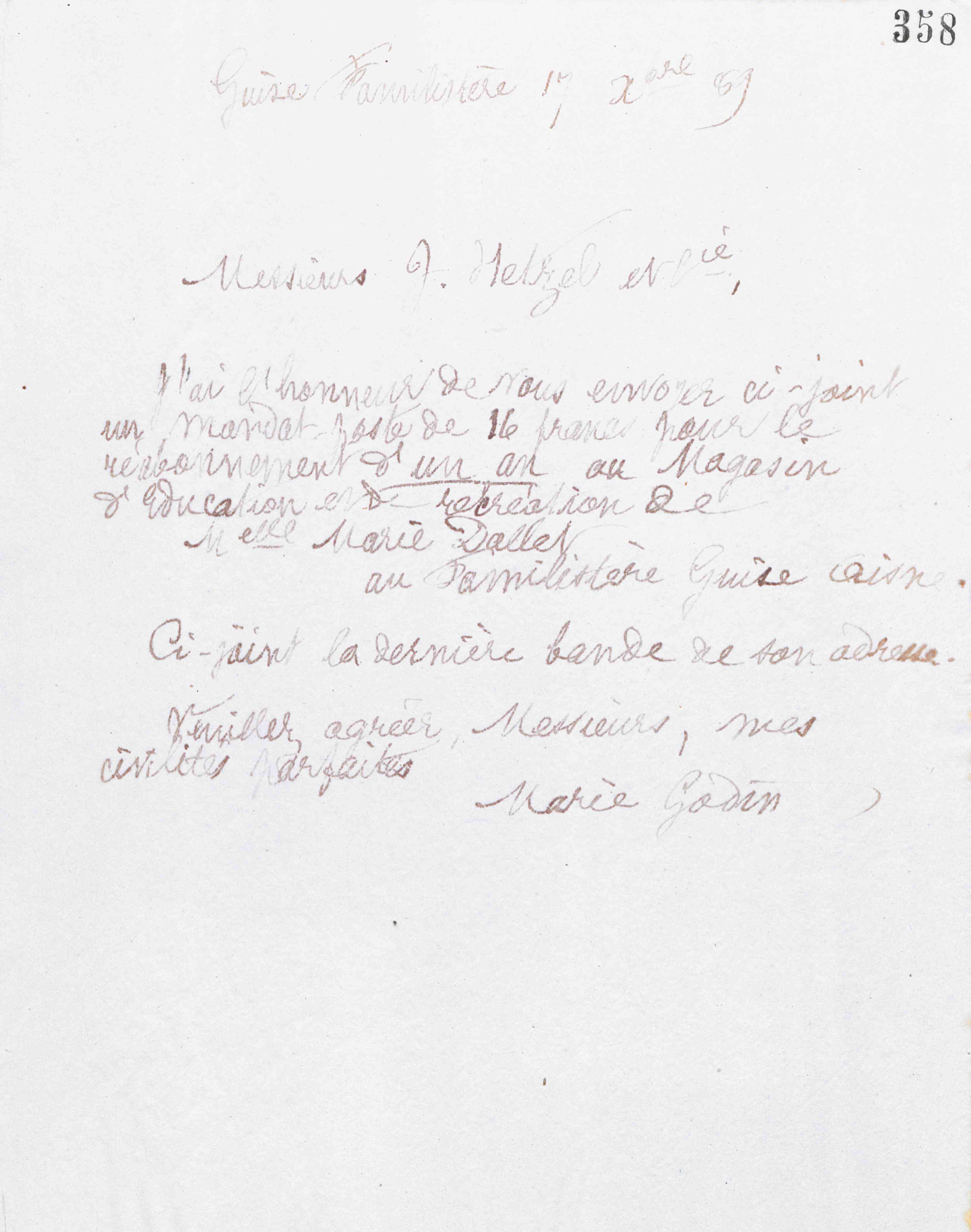 Marie Moret à Jules Hetzel et Cie, 17 décembre 1889