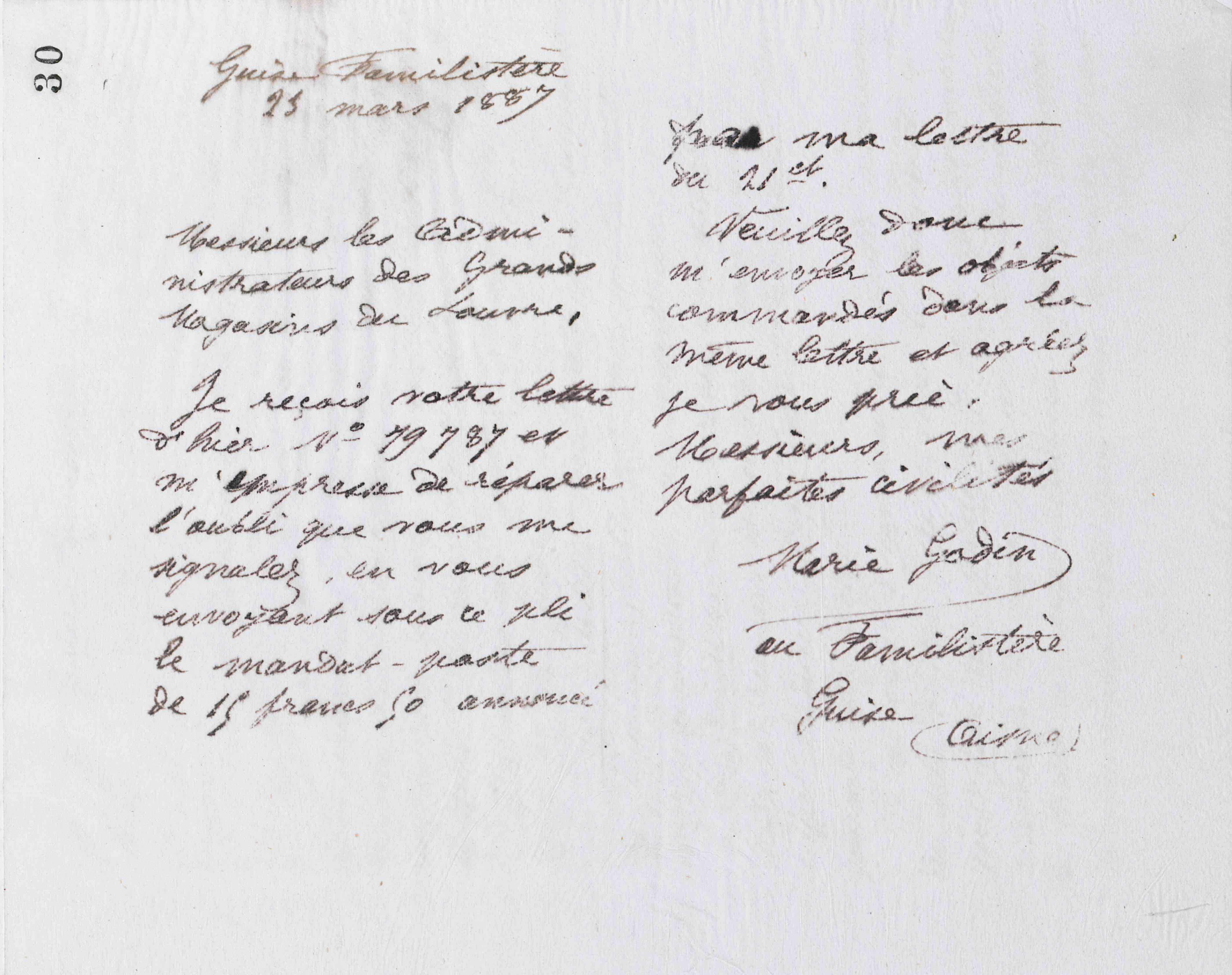 Marie Moret aux administrateurs des Grands magasins du Louvre, 25 mars 1887