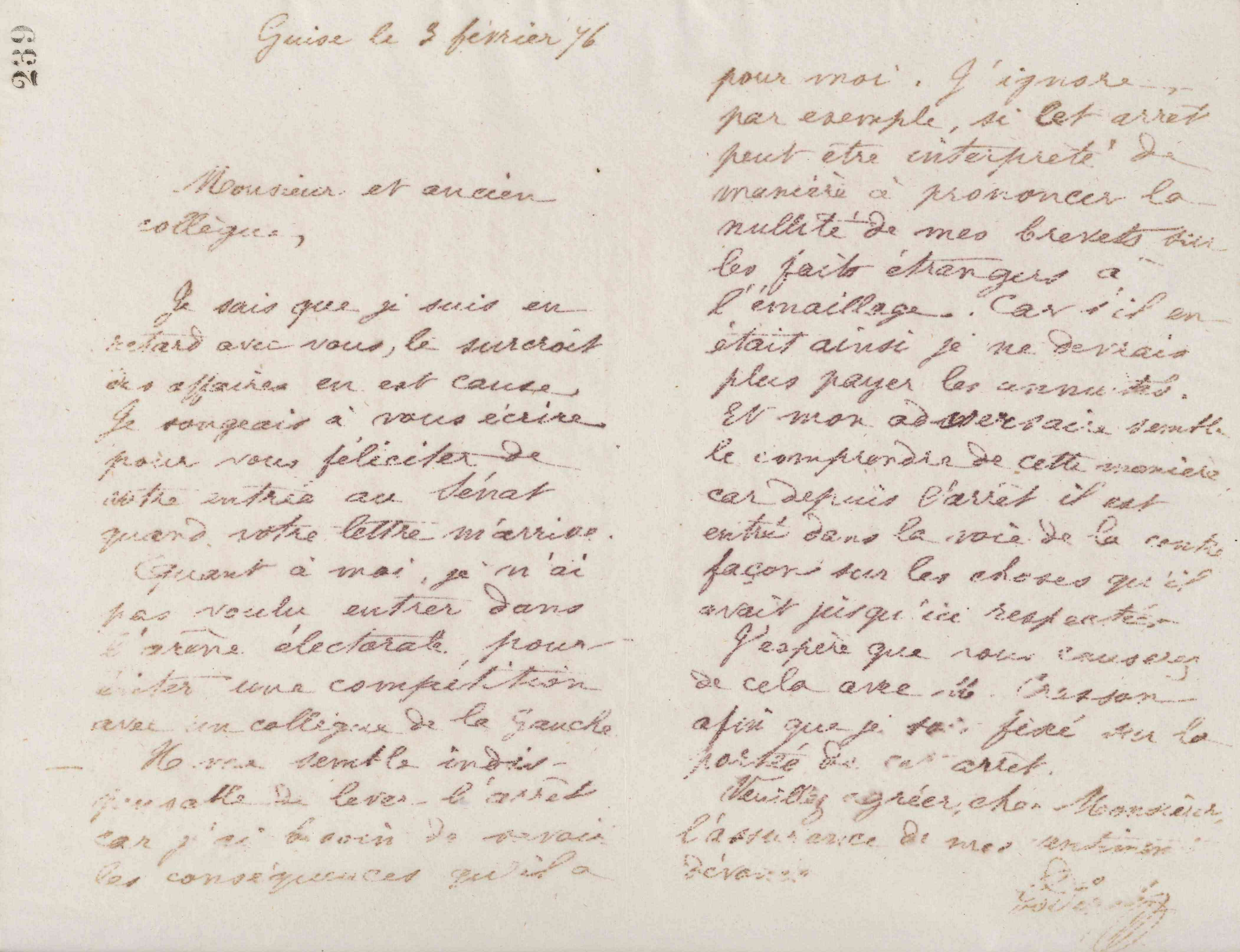 Jean-Baptiste André Godin à Jules Bozérian, 3 février 1876 Jean-Baptiste André Godin à Jules Bozérian, 3 février 1876