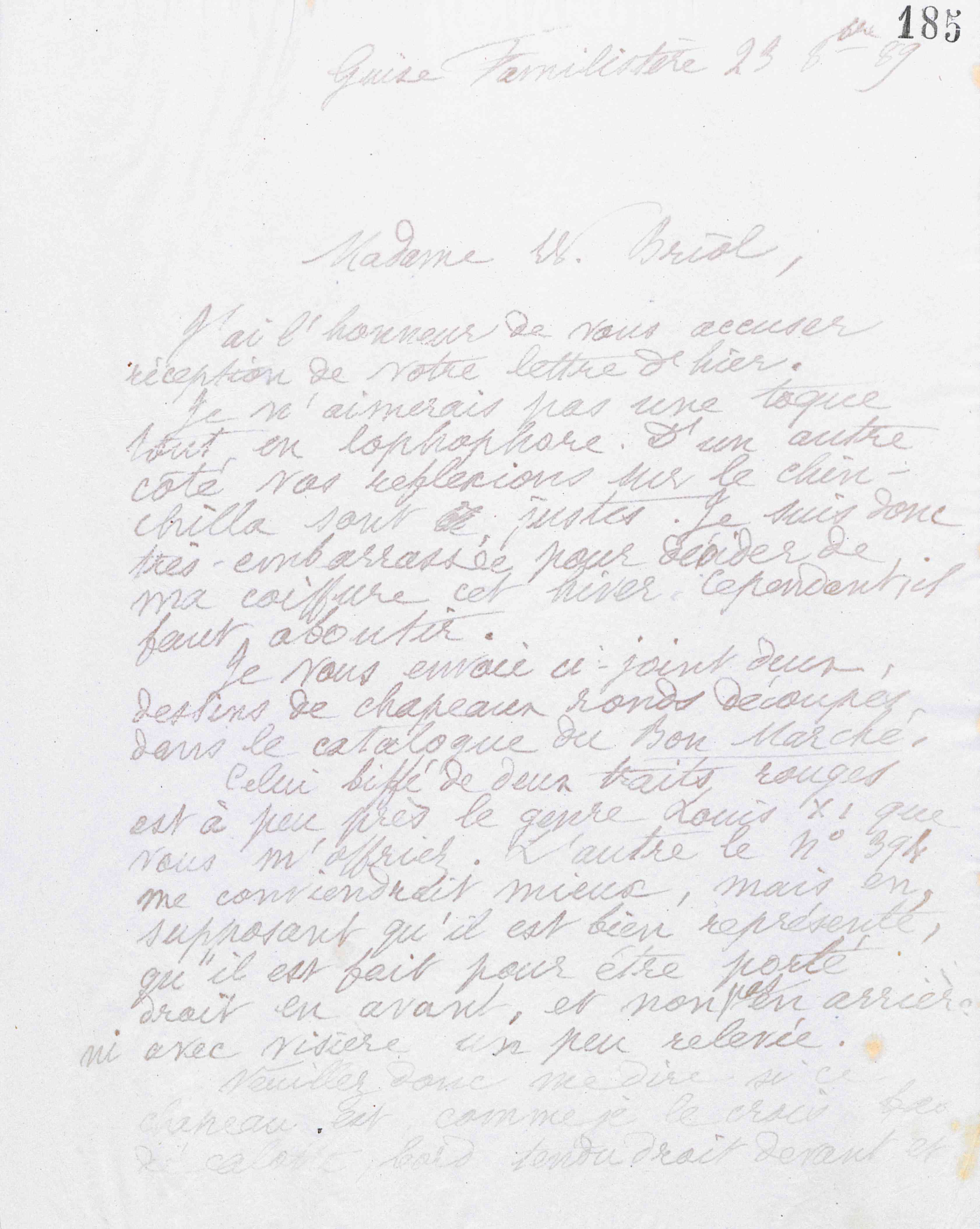 Marie Moret à madame Williams-Briol, 23 octobre 1889
