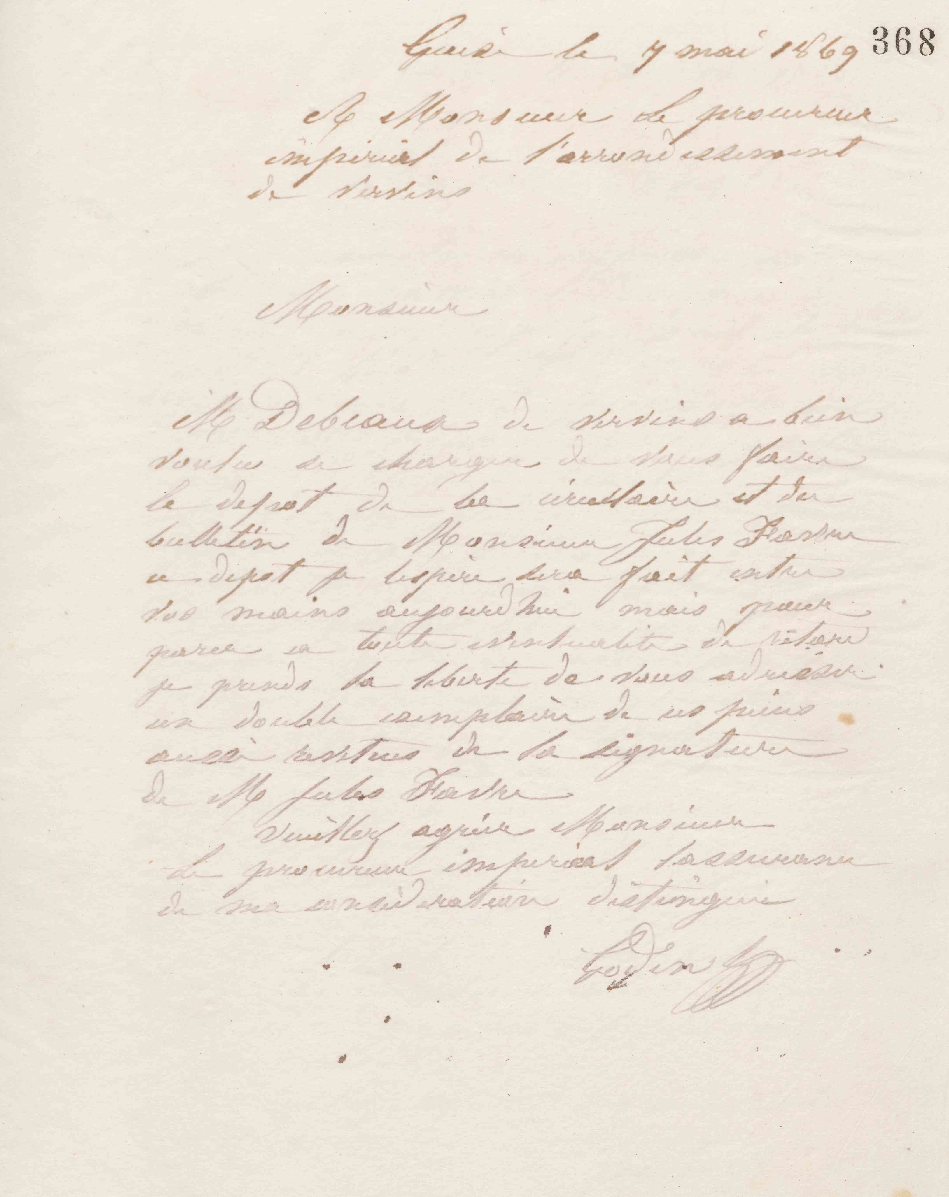 Jean-Baptiste André Godin au procureur impérial près du tribunal de Vervins, 7 mai 1869