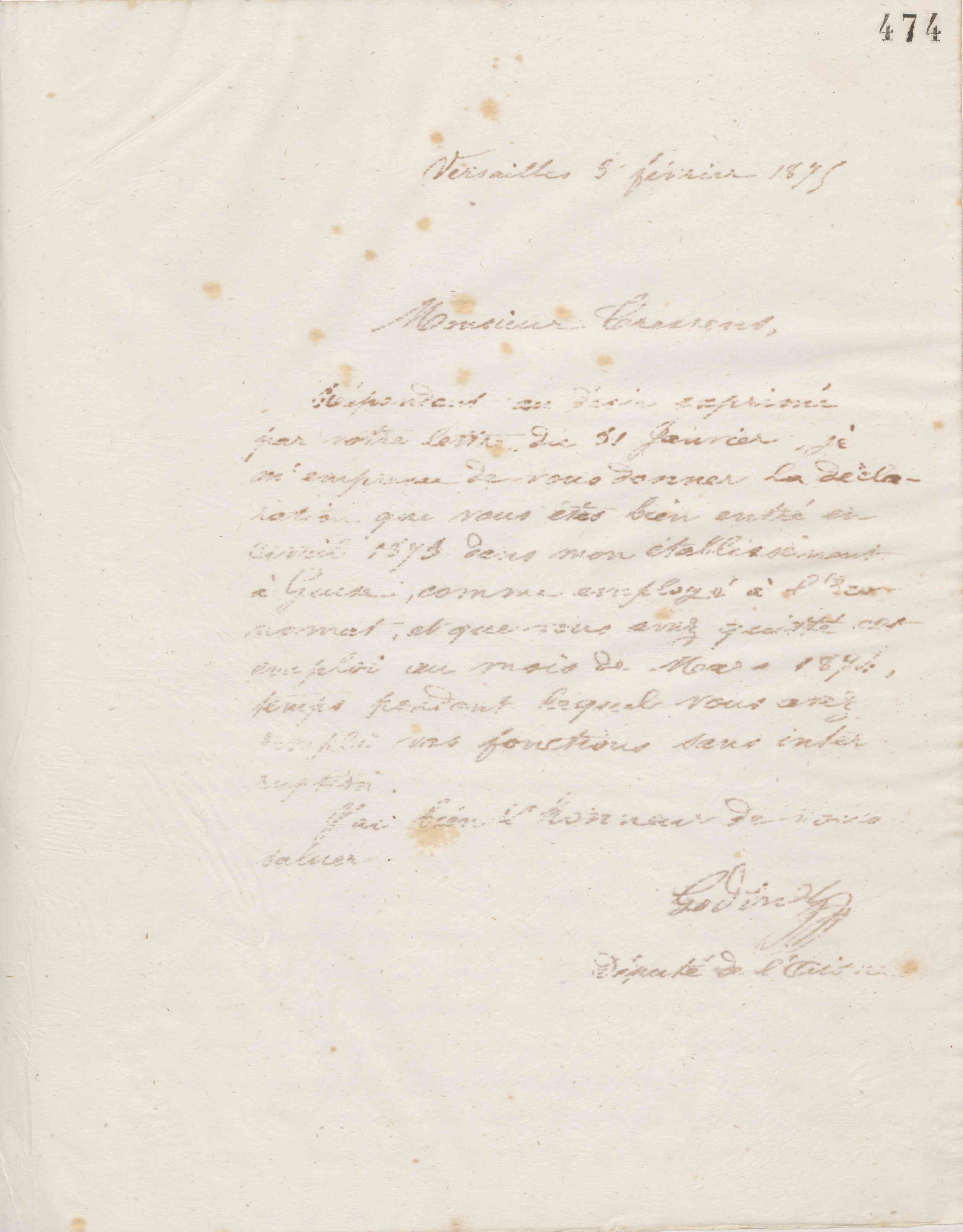 Jean-Baptiste André Godin à Théodore Tressens, 3 février 1875 Jean-Baptiste André Godin à Théodore Tressens, 3 février 1875