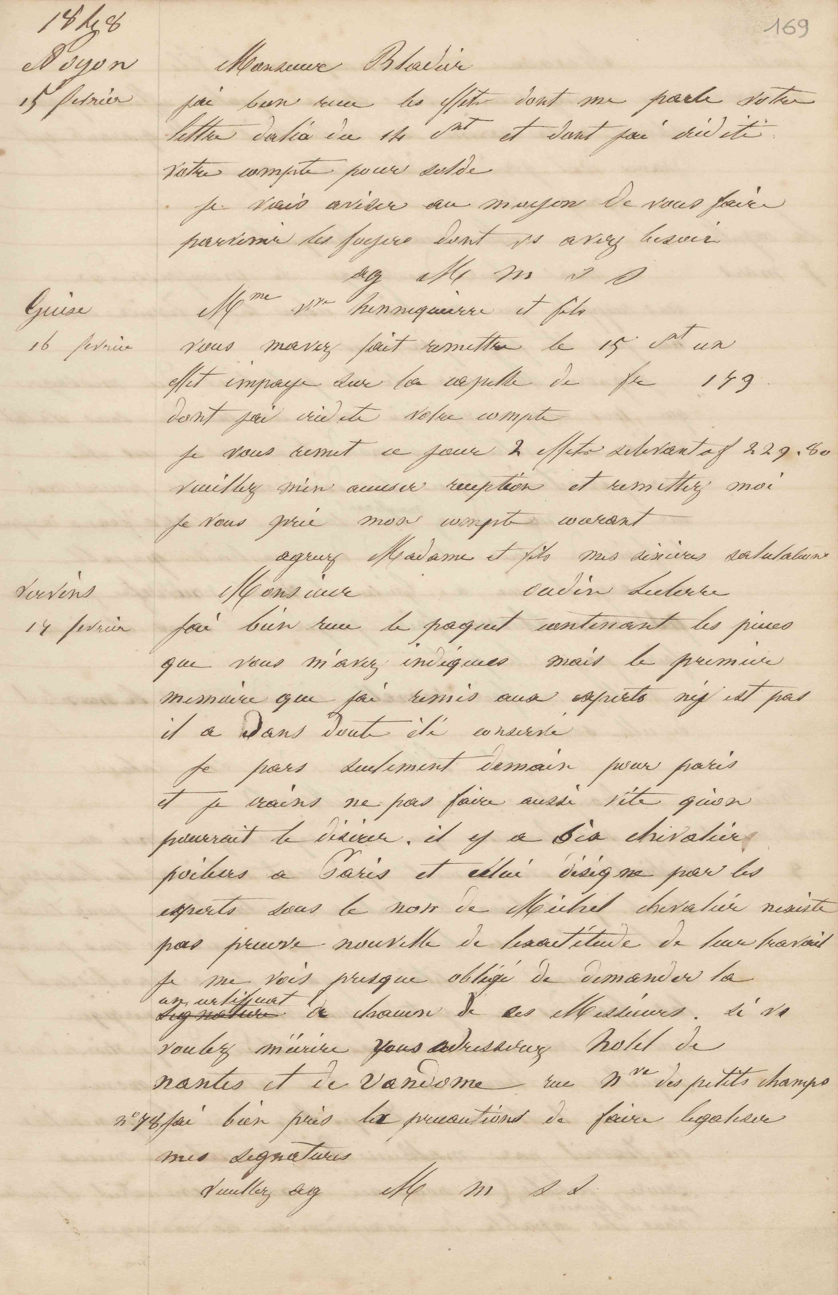 Jean-Baptiste André Godin à madame veuve Hennequière et fils, 16 février 1848