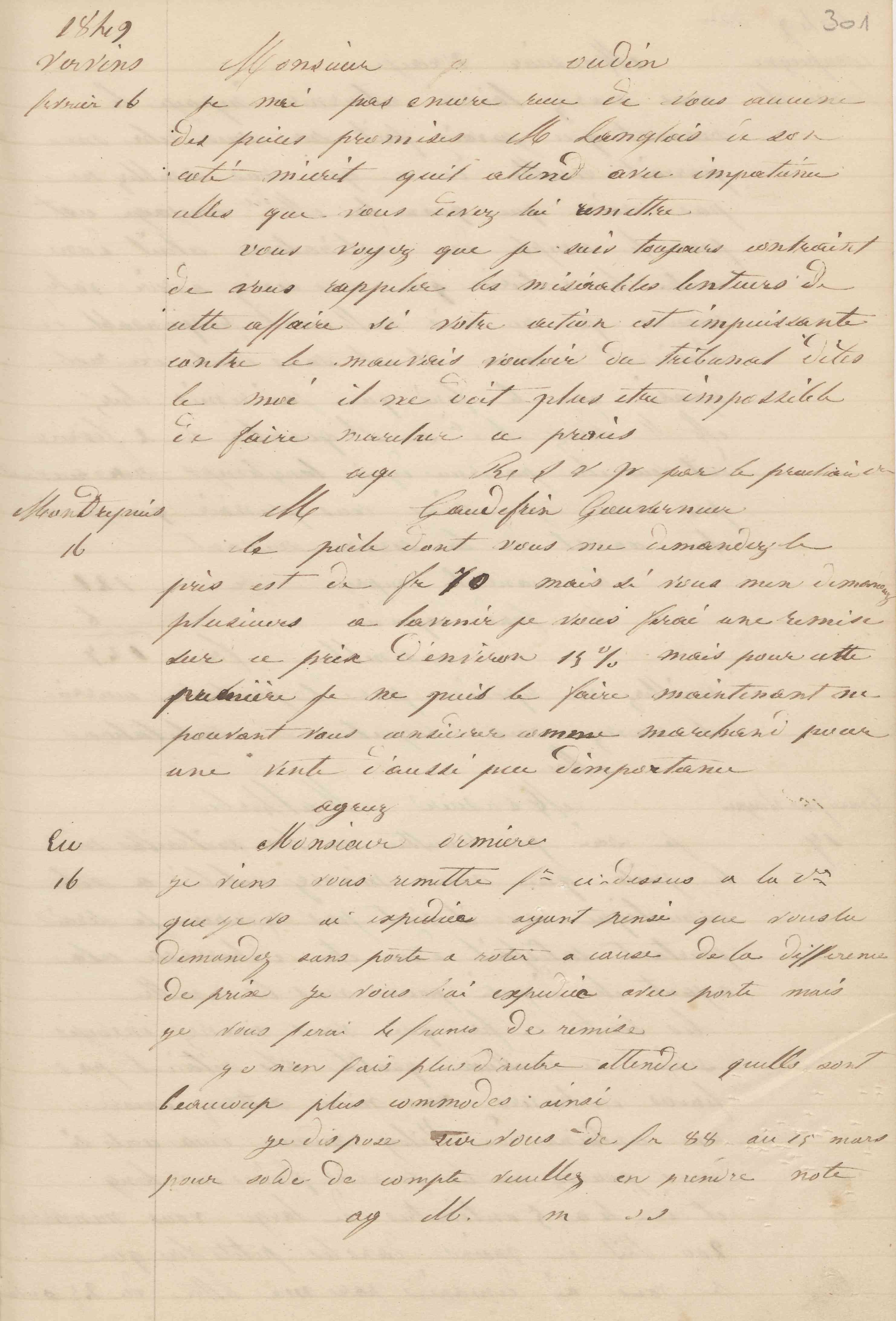 Jean-Baptiste André Godin à Louis Oudin-Leclère, 16 février 1849