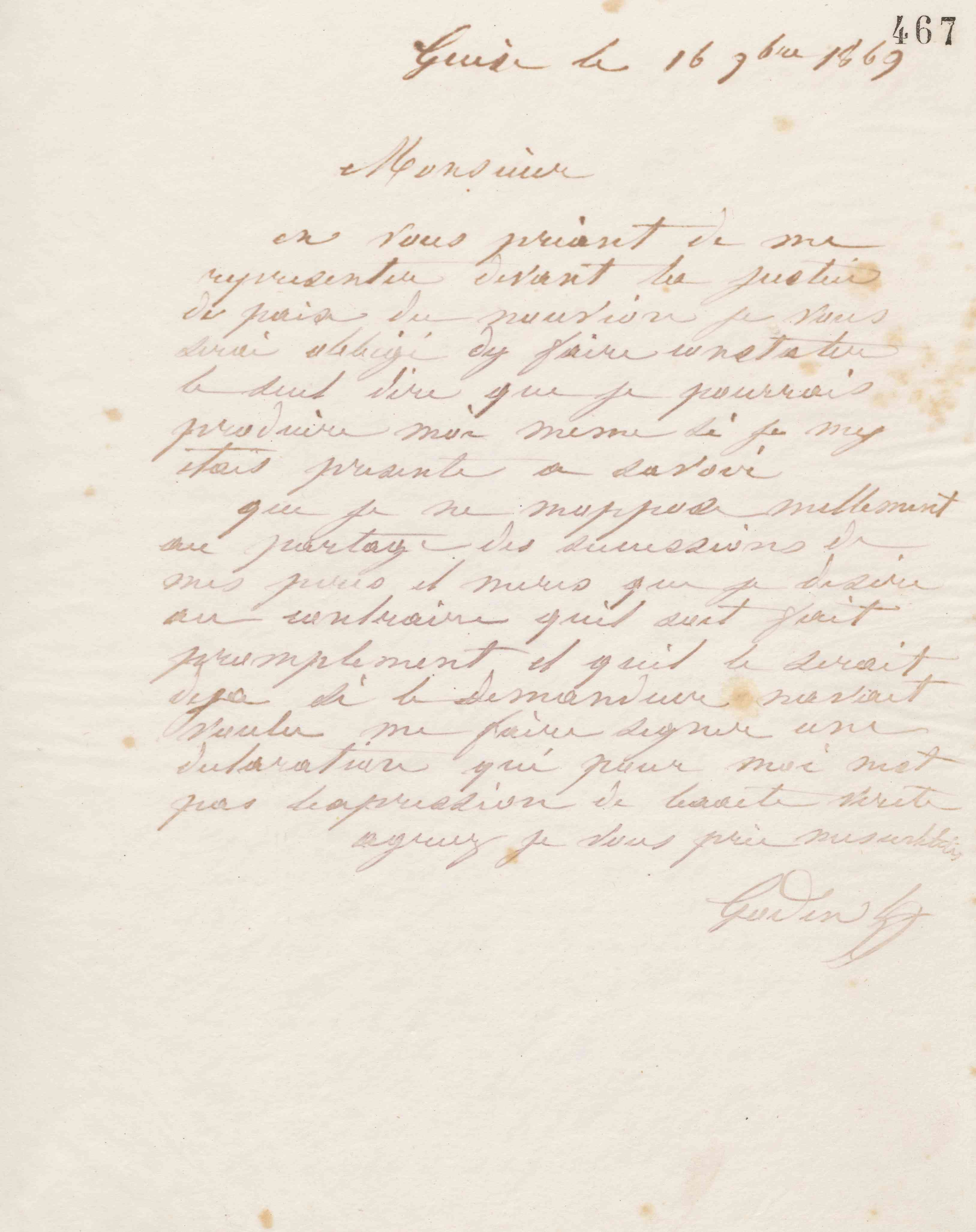 Jean-Baptiste André Godin à un inconnu [monsieur Delabarre ?], 16 novembre 1869