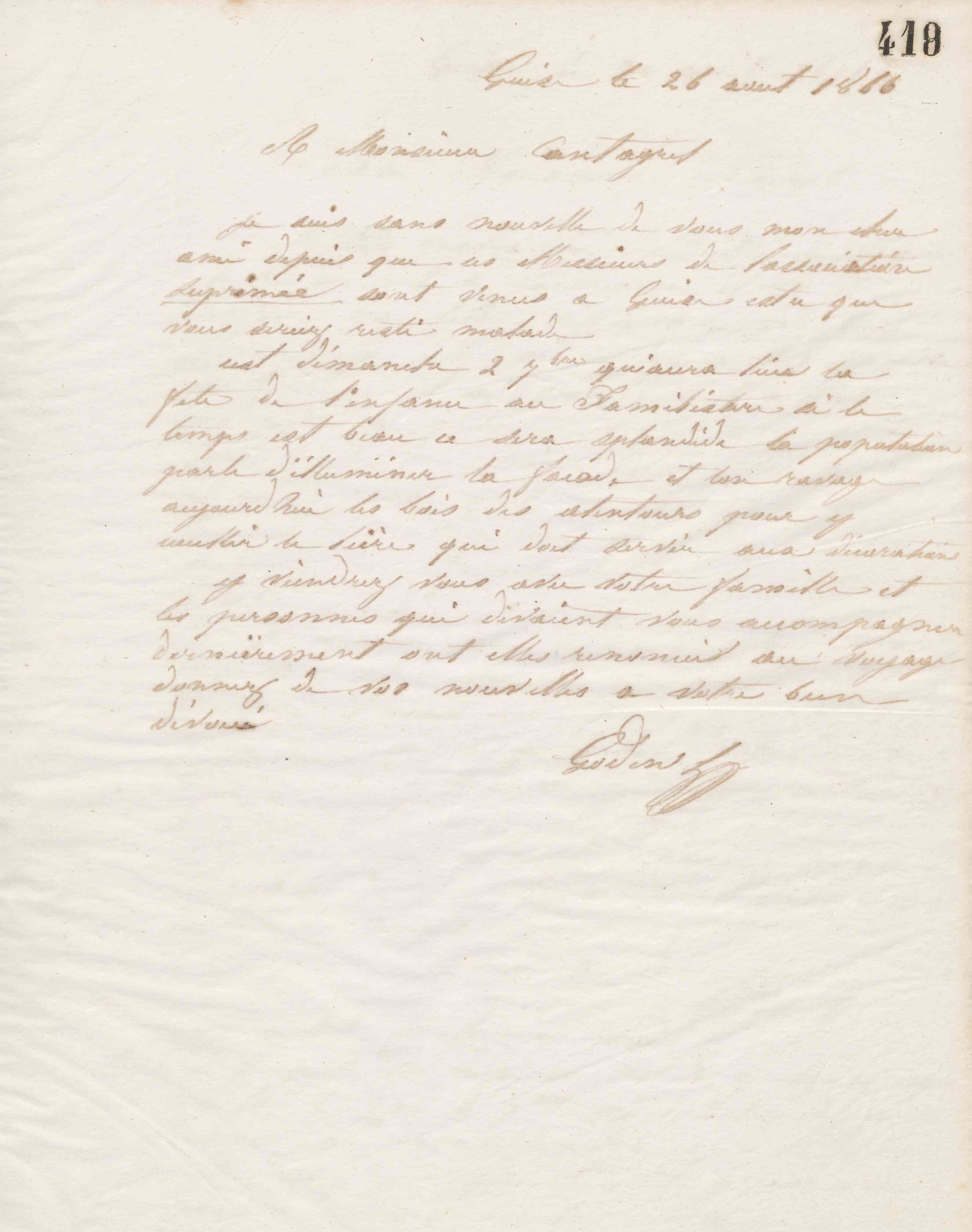 Jean-Baptiste André Godin à François Cantagrel, 26 août 1865