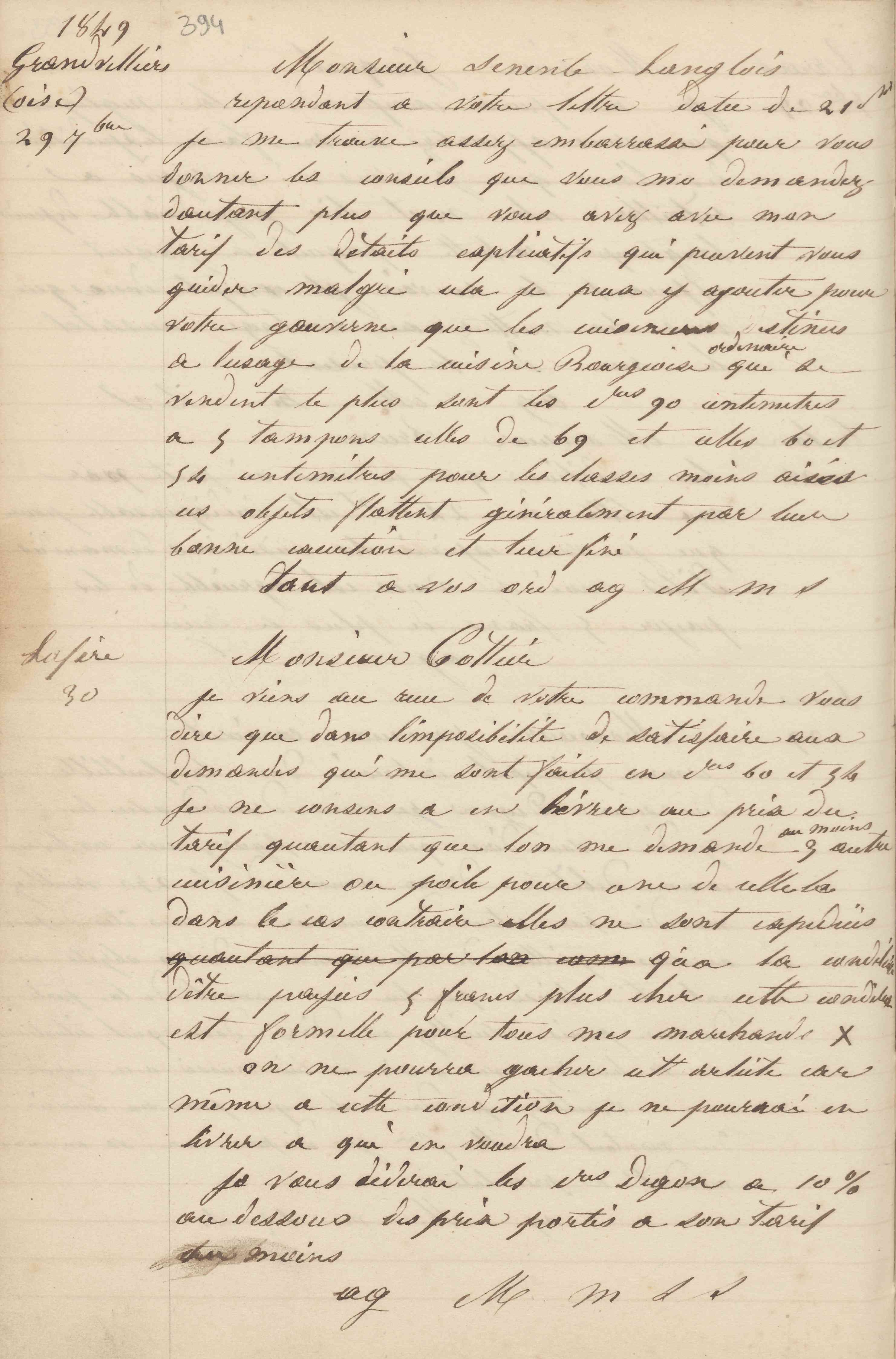 Jean-Baptiste André Godin à monsieur Pottier-André, 30 [septembre 1849]