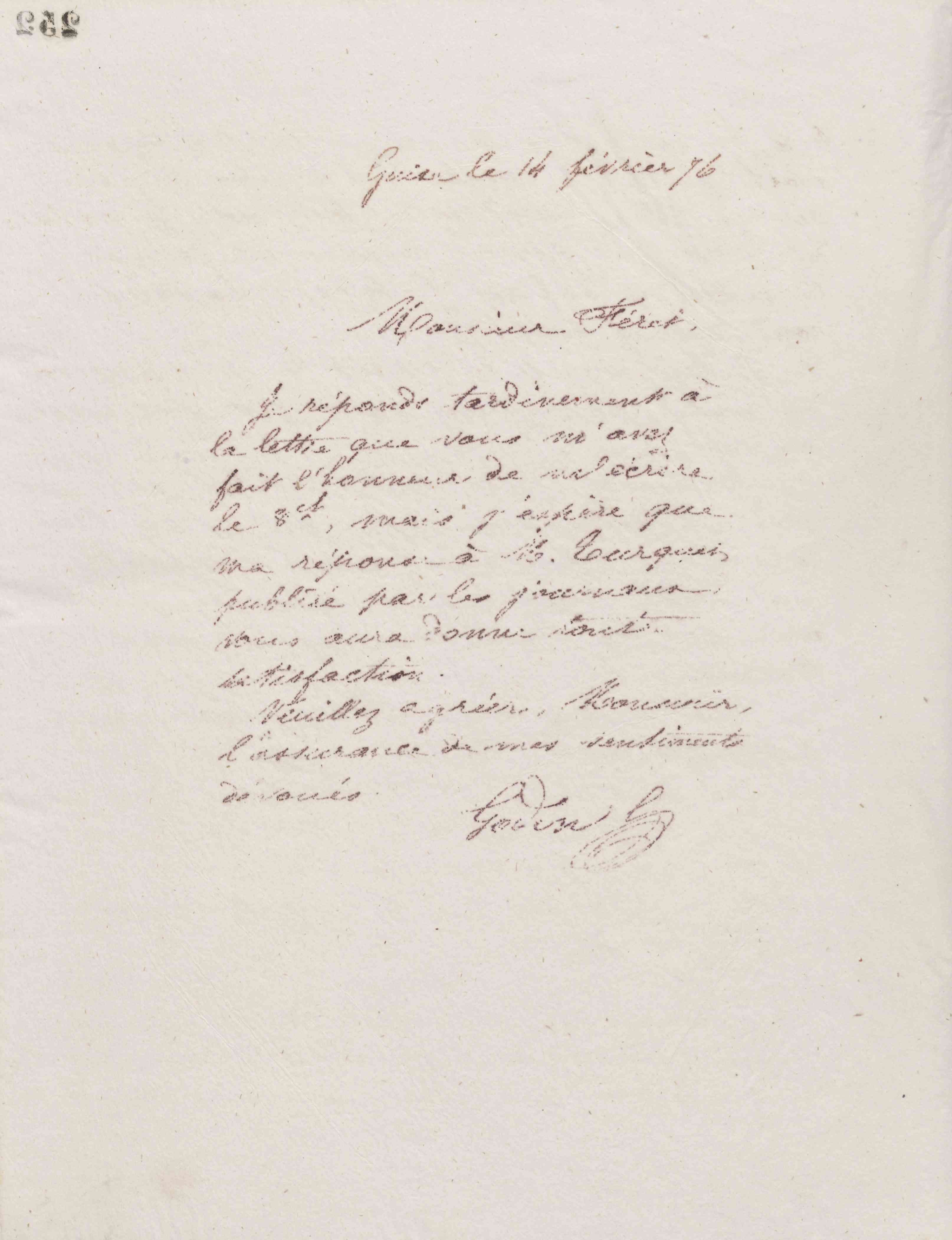 Jean-Baptiste André Godin à monsieur Féret, 14 février 1876 Jean-Baptiste André Godin à monsieur Féret, 14 février 1876