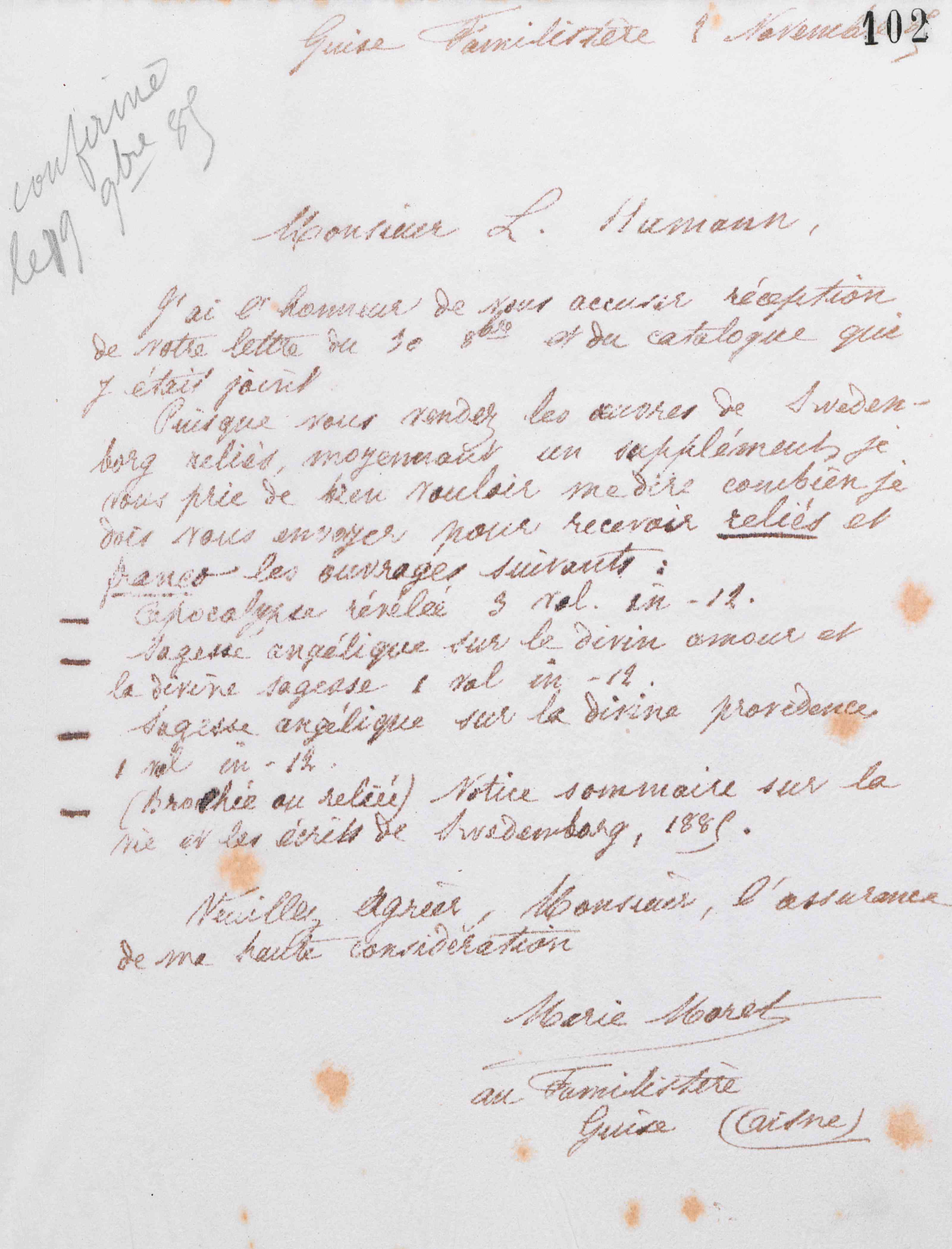 Marie Moret à Louis Humann, 1er novembre 1885 Marie Moret à Louis Humann, 1er novembre 1885
