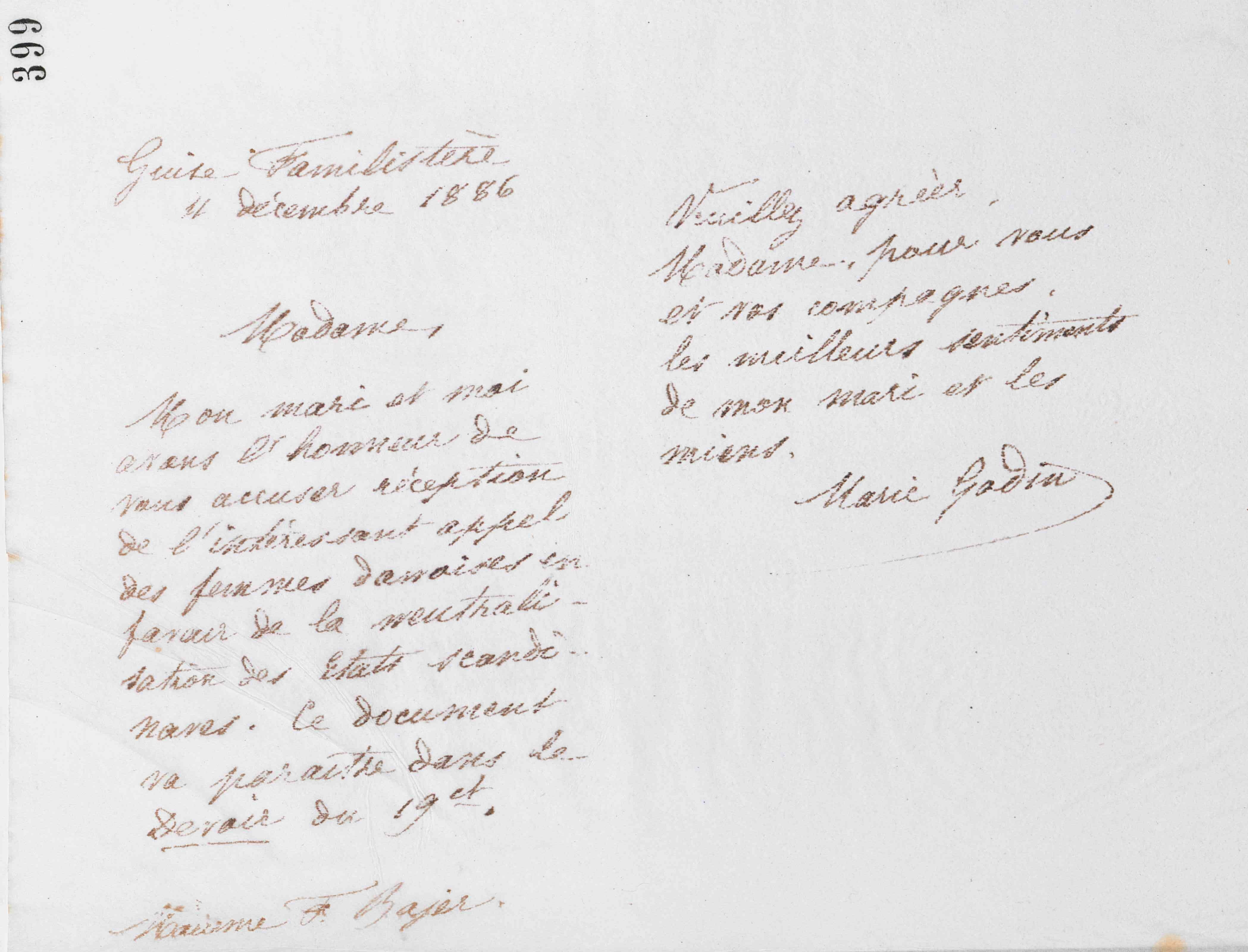 Marie Moret à Matilde Bajer, 11 décembre 1886