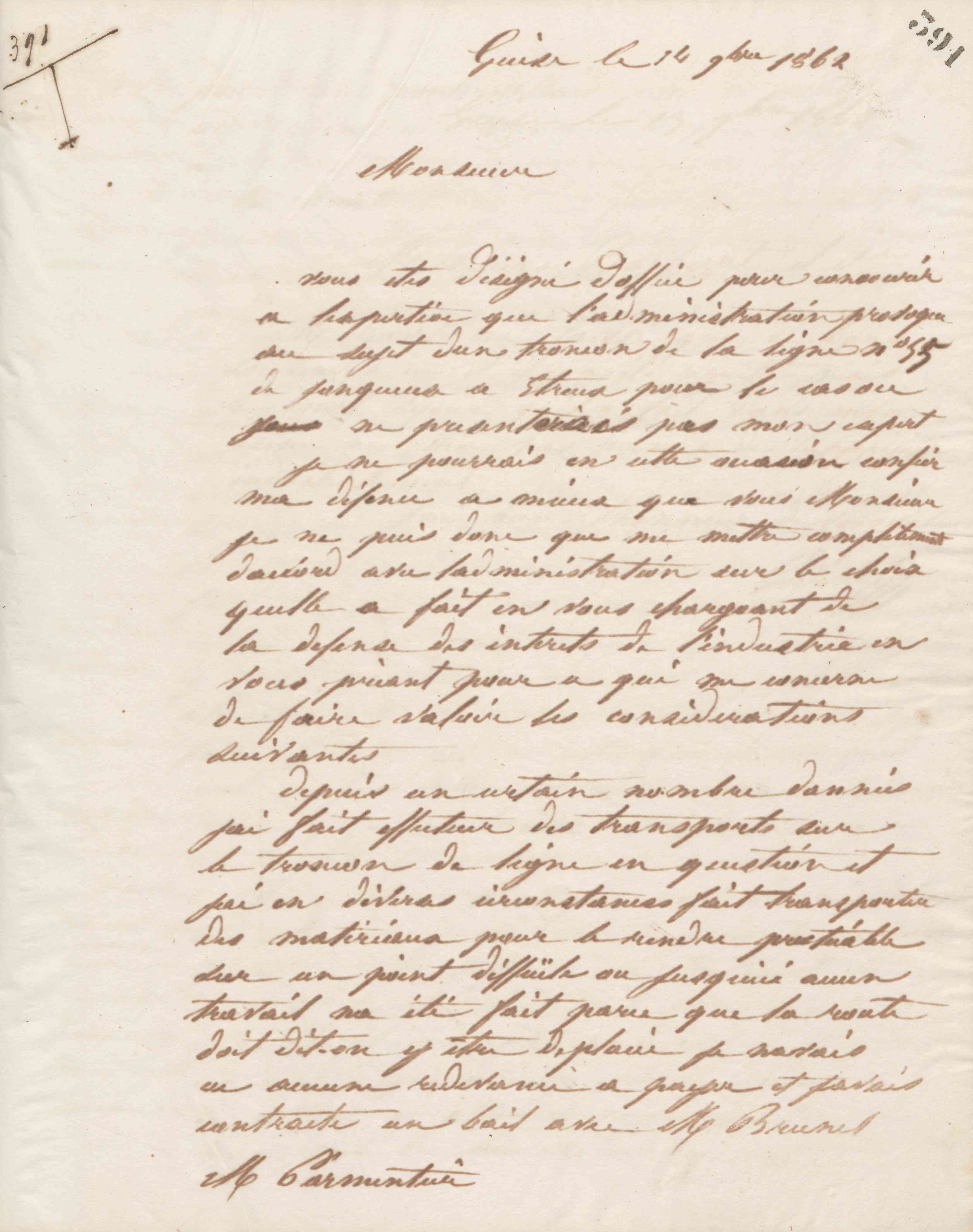 Jean-Baptiste André Godin à monsieur Parmentier, 14 novembre 1862