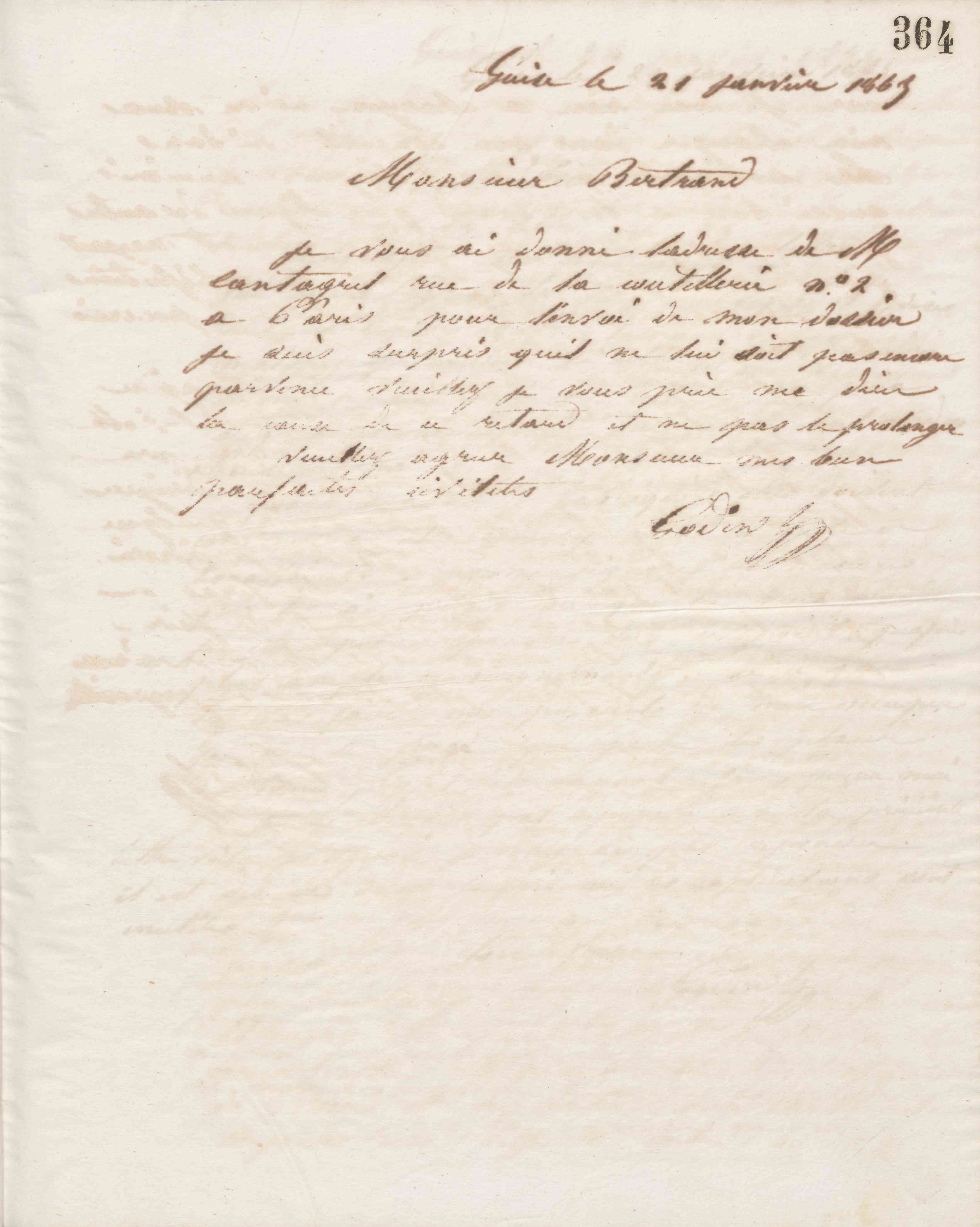 Jean-Baptiste André Godin à monsieur Bertrand, 21 janvier 1865