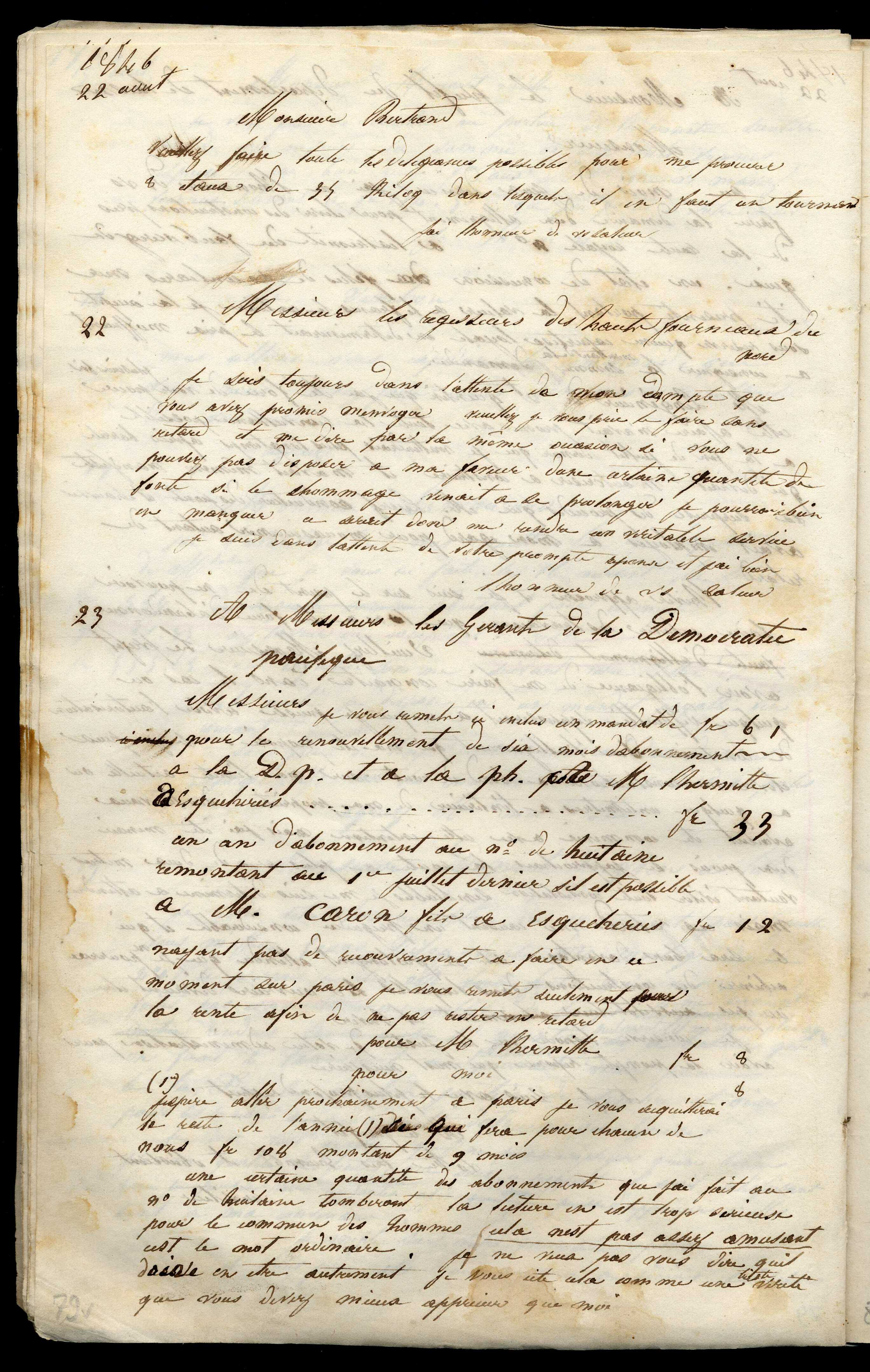 Jean-Baptiste André Godin aux gérants de La Démocratie pacifique, 23 [août 1846]