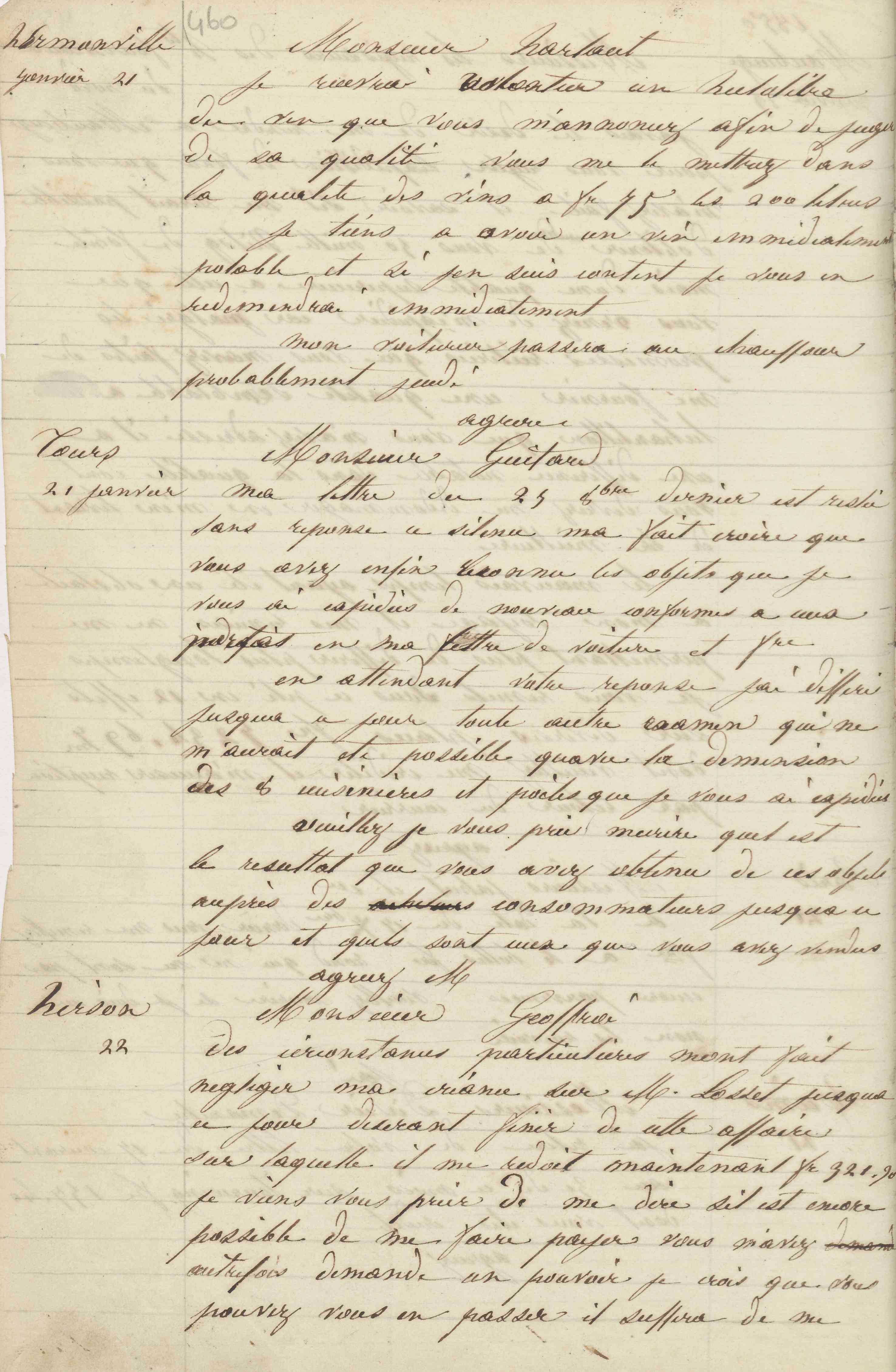 Jean-Baptiste André Godin à monsieur E. Harlaut, 21 janvier [1850]
